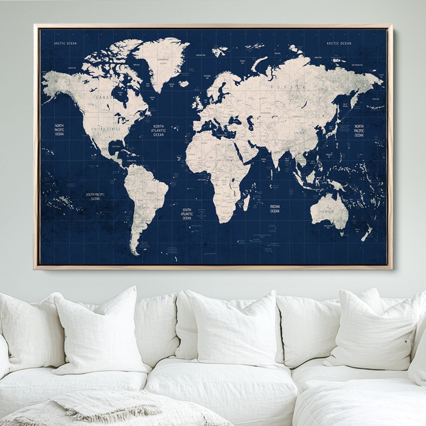Push Pin World Map Canvas Print – Framed Wall Art for Couples to Track Their Travels – Anniversary Gift or Home Adventure Decor