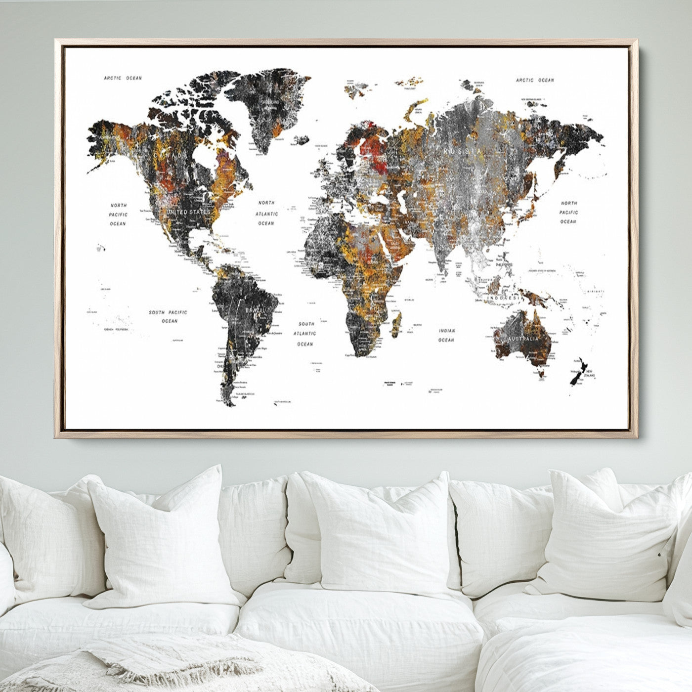 Push Pin World Map Canvas Print – Framed Wall Art for Couples to Track Their Travels – Anniversary Gift or Home Adventure Decor