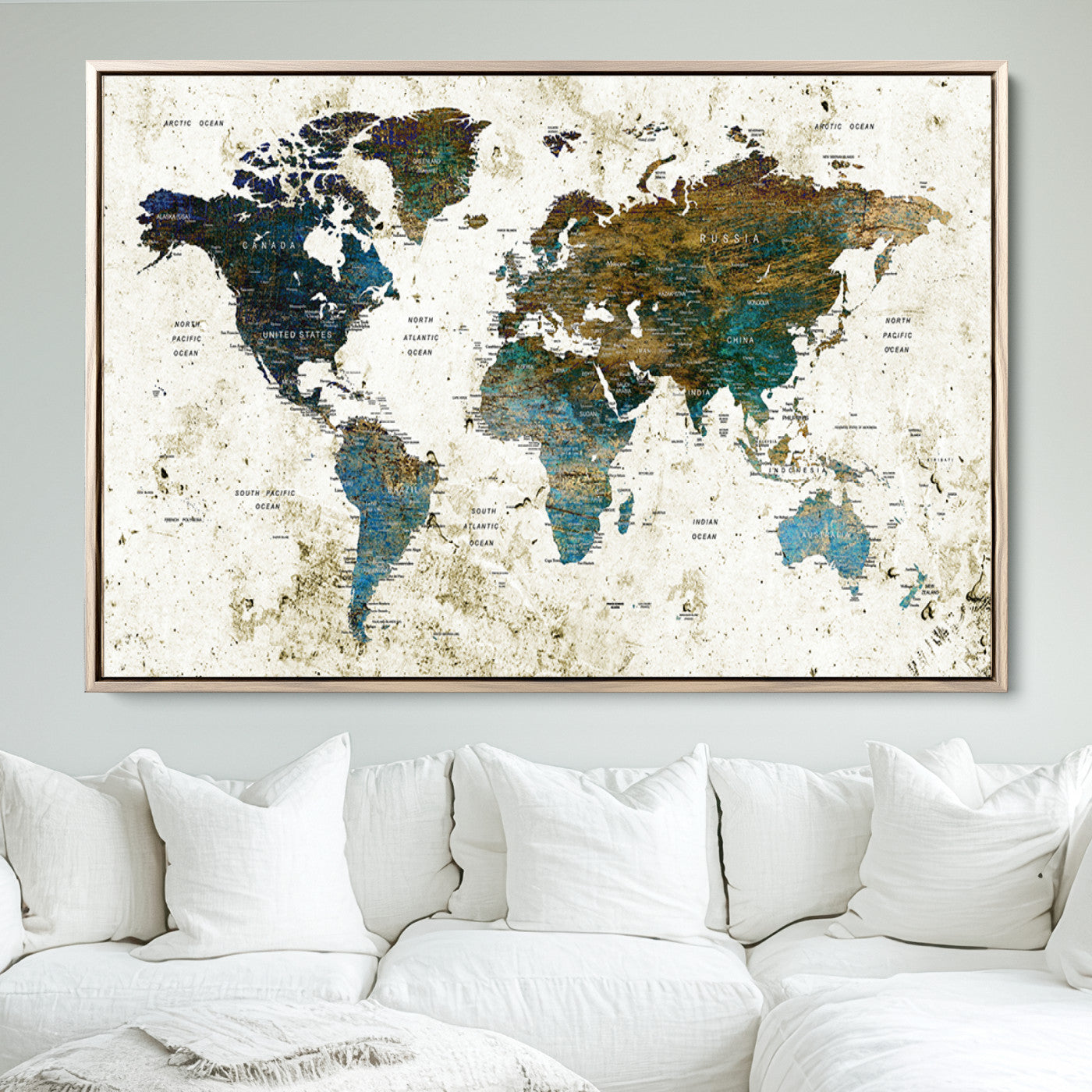 Push Pin World Map Canvas Print – Framed Wall Art for Couples to Track Their Travels – Anniversary Gift or Home Adventure Decor