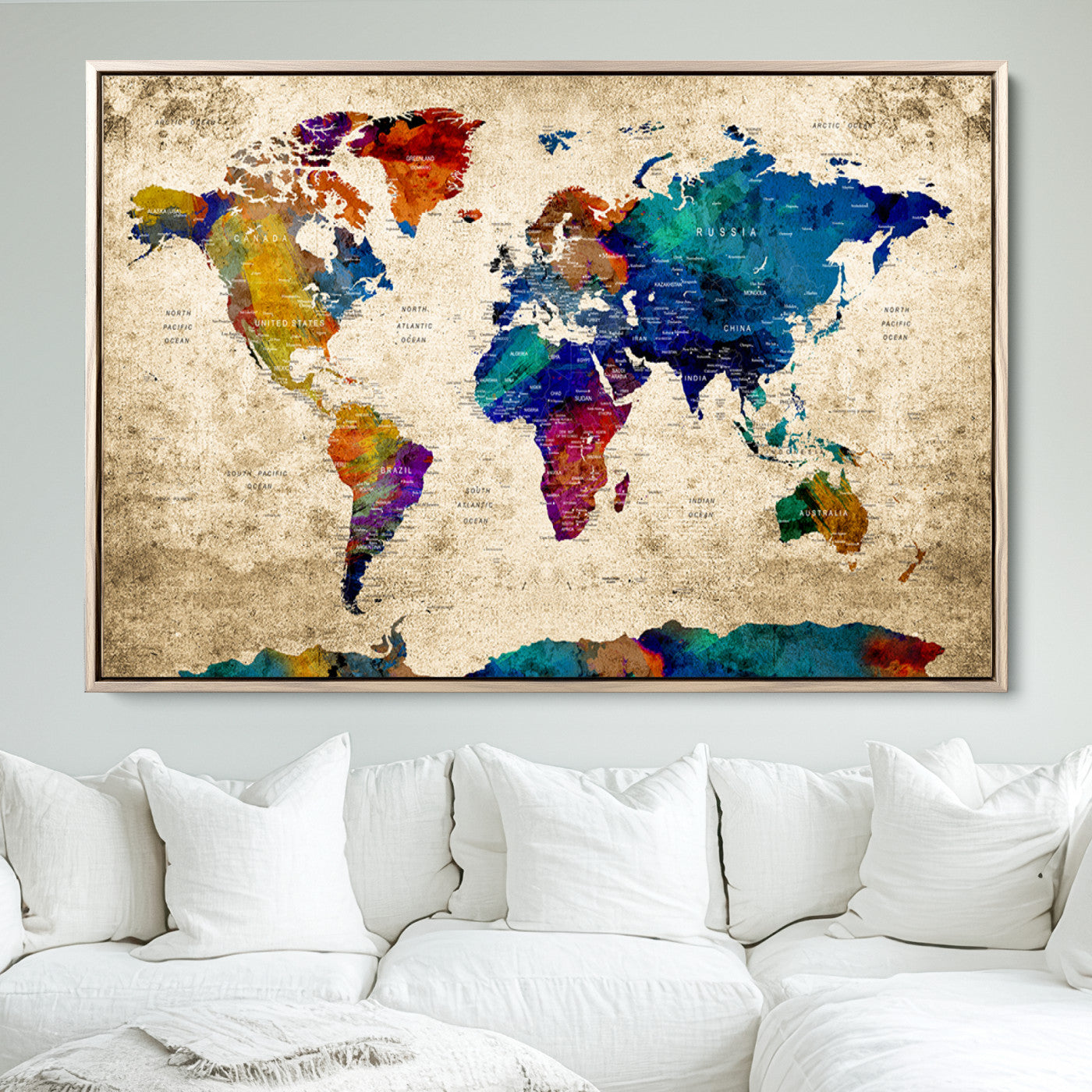 Push Pin World Map Canvas Print – Framed Wall Art for Couples to Track Their Travels – Anniversary Gift or Home Adventure Decor