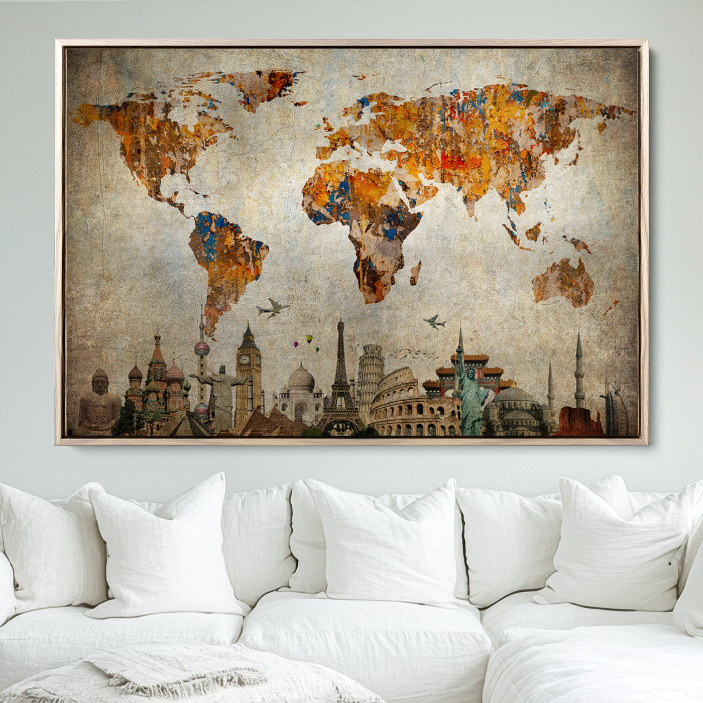 Push Pin World Map Canvas Print – Framed Wall Art for Couples to Track Their Travels – Anniversary Gift or Home Adventure Decor