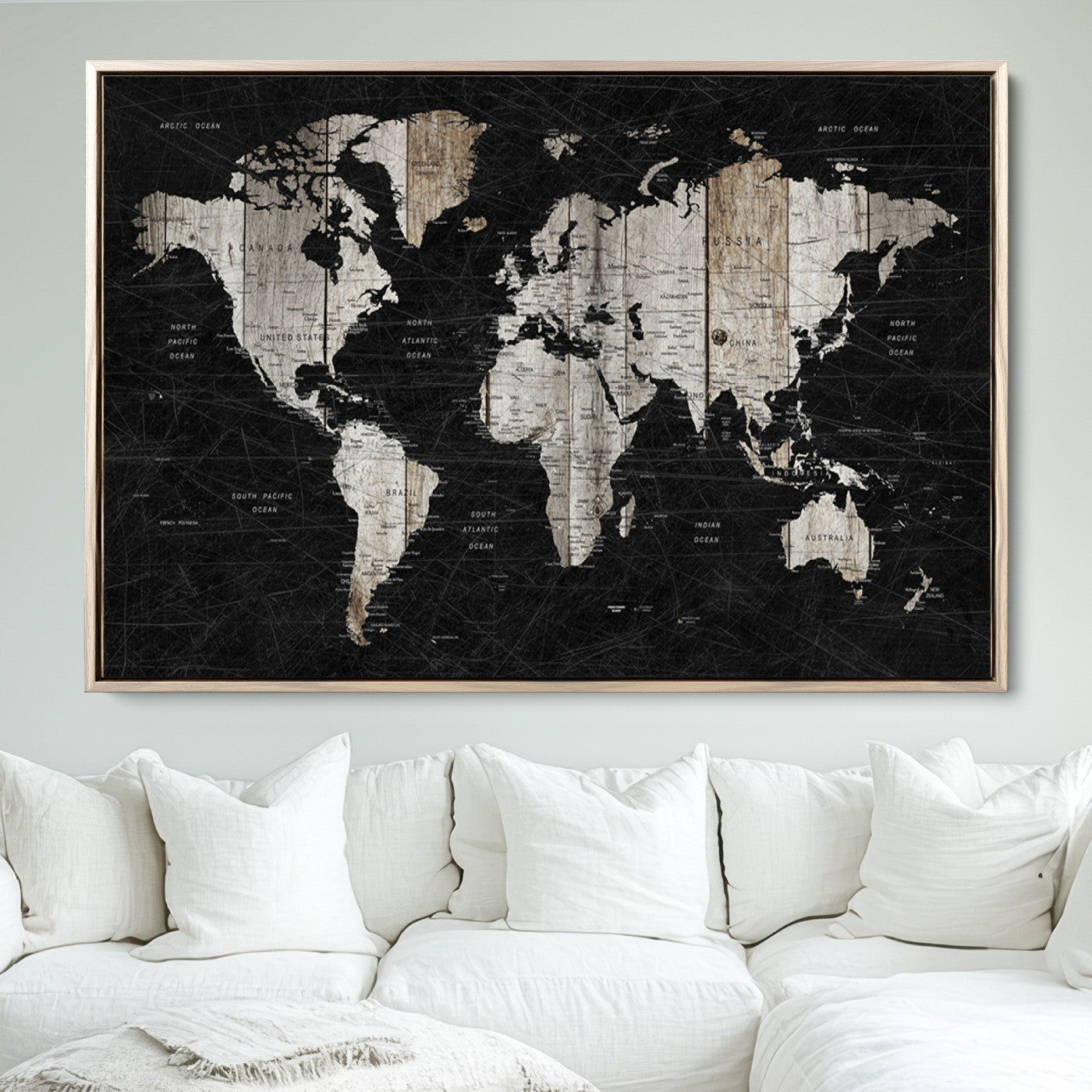 Push Pin World Map Canvas Print – Framed Wall Art for Couples to Track Their Travels – Anniversary Gift or Home Adventure Decor