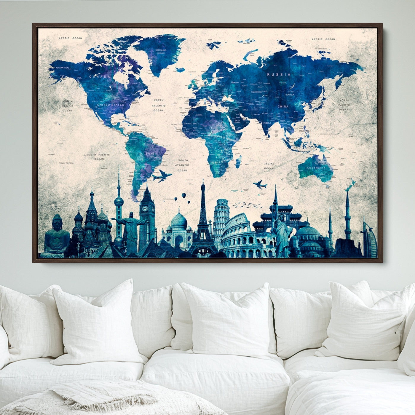 Navy Blue World Map Canvas Print, Wonder of World Map Push Pin Canvas Print