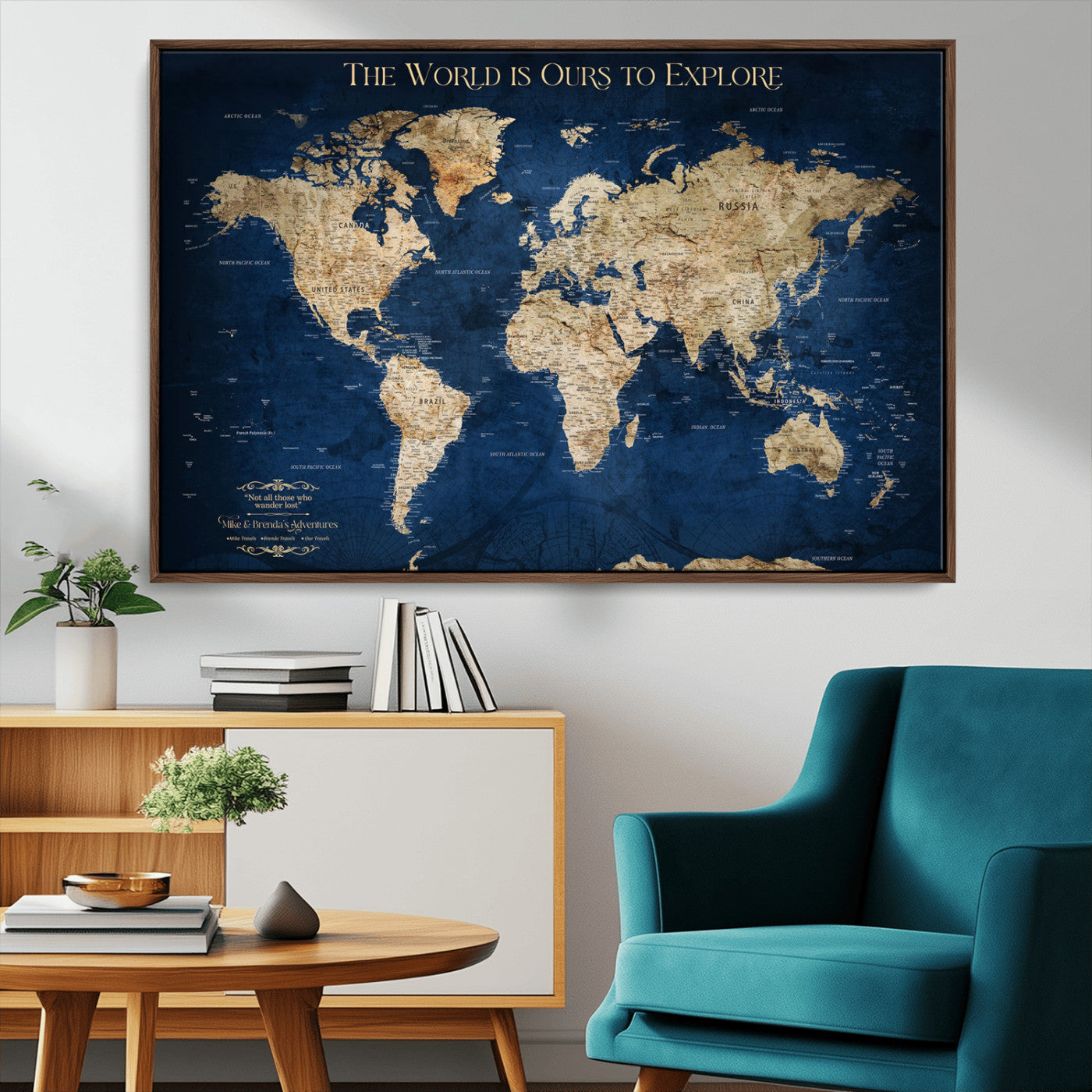 Custom World Map Wall Art – Personalized Framed Canvas Print with Push Pins for Travel Tracking, Anniversary or Couple Gift Ideas - H2-2