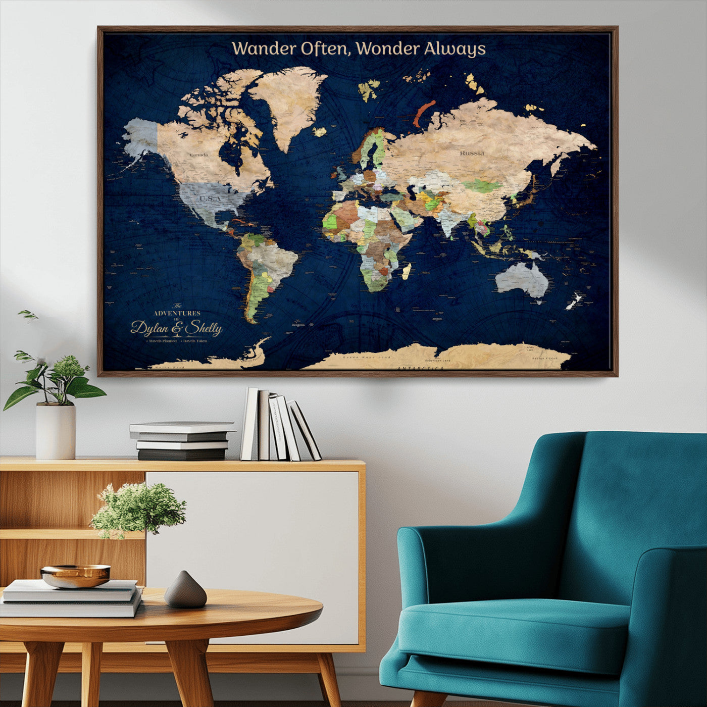 12399561-MGV-FC-30X20_Walnut-Personalized World Map Print, Customizable Push Pin Framed World Map Print on Canvas - Custom Quote on Map Print