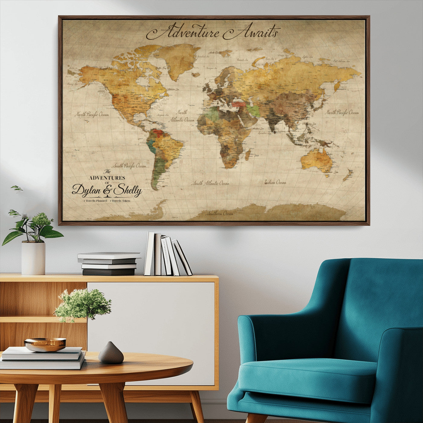 50298017-MGV-FC-36X24_Walnut-Personalized World Map Print, Customizable Push Pin Framed World Map Print on Canvas - Custom Quote on Map Print