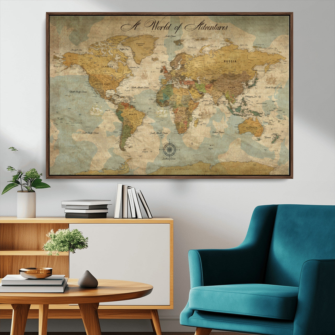 75690627-MGV-FC-36X24_Walnut-Personalized World Map Print, Customizable Push Pin Framed World Map Print on Canvas - Custom Quote on Map Print,