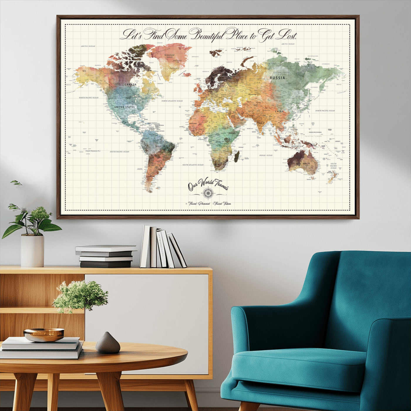 29289638-MGV-FC-36X24_Walnut-Personalized World Map Print - Customizable Push Pin Framed World Map Print on Canvas - Custom Quote on Map Print