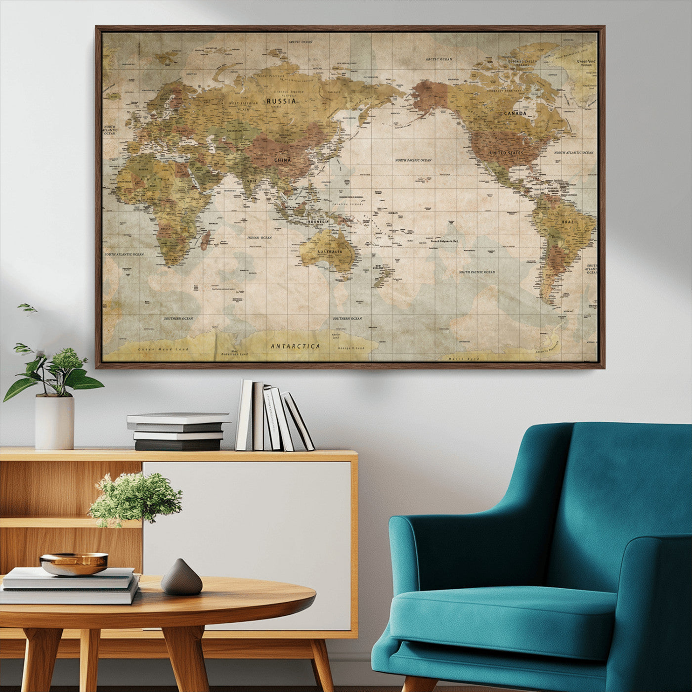 73306535-MGV-FC-36X24_Walnut-Custom Push Pin World Map Wall Canvas Print – Personalized Travel Tracker for Anniversy Gift – Framed Custom Quotie Canvas for Home Office Decor