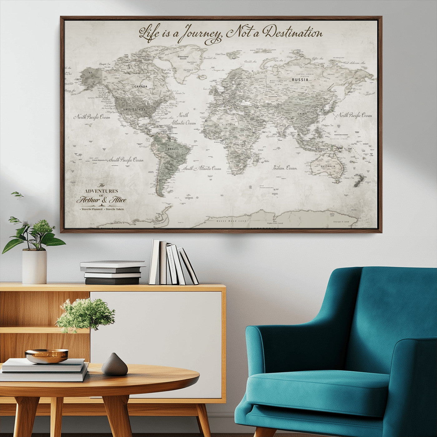 Custom Push Pin World Map Wall Canvas Print – Personalized Travel Tracker with Pins – Framed Custom Quotie Canvas for Home Office Decor