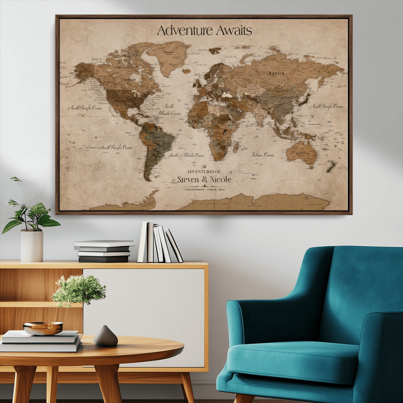 26070282-MGV-FC-36X24_Walnut-Personalized World Map Wall Art Canvas Print - Customizable Wall Art Map Print