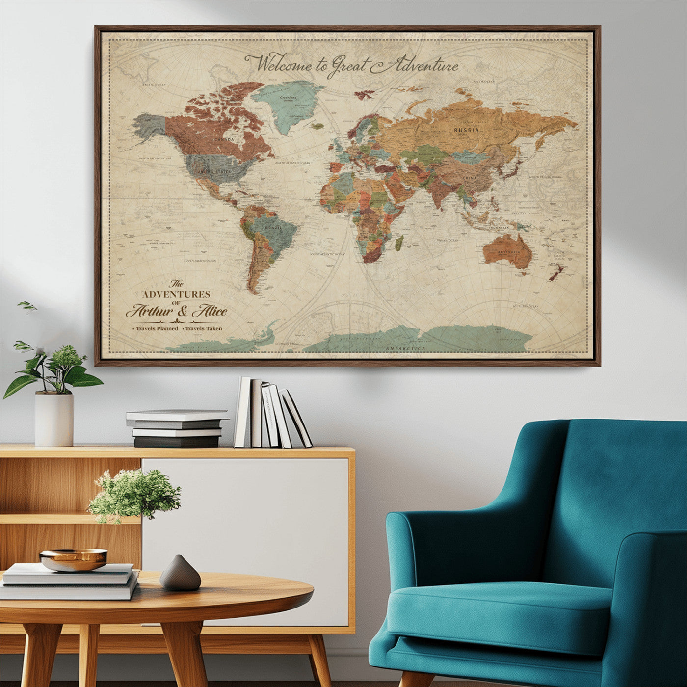 17587858-MGV-FC-36X24_Walnut-Custom Push Pin World Map Wall Canvas Print – Personalized Travel Tracker with Pins – Framed Custom Quotie Canvas for Home Office Decor