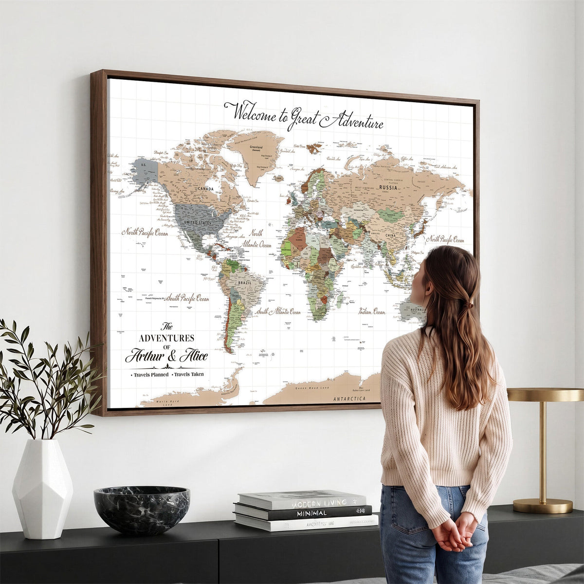 85396539-MGV-CV-36X24 - Custom Beige Push Pin World Map Wall Art, Bucket List Map, Study and Hallway Decor