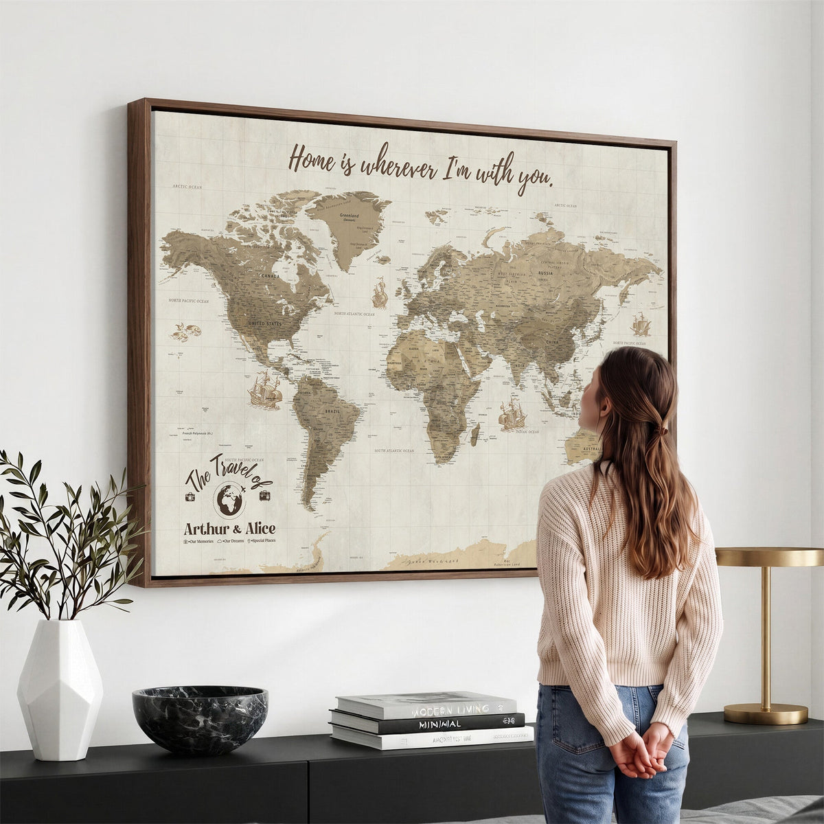 Custom Beige Geometric World Map Canvas with Push Pins, Honeymoon and Anniversary Gift, Dining Room and Hallway Decor