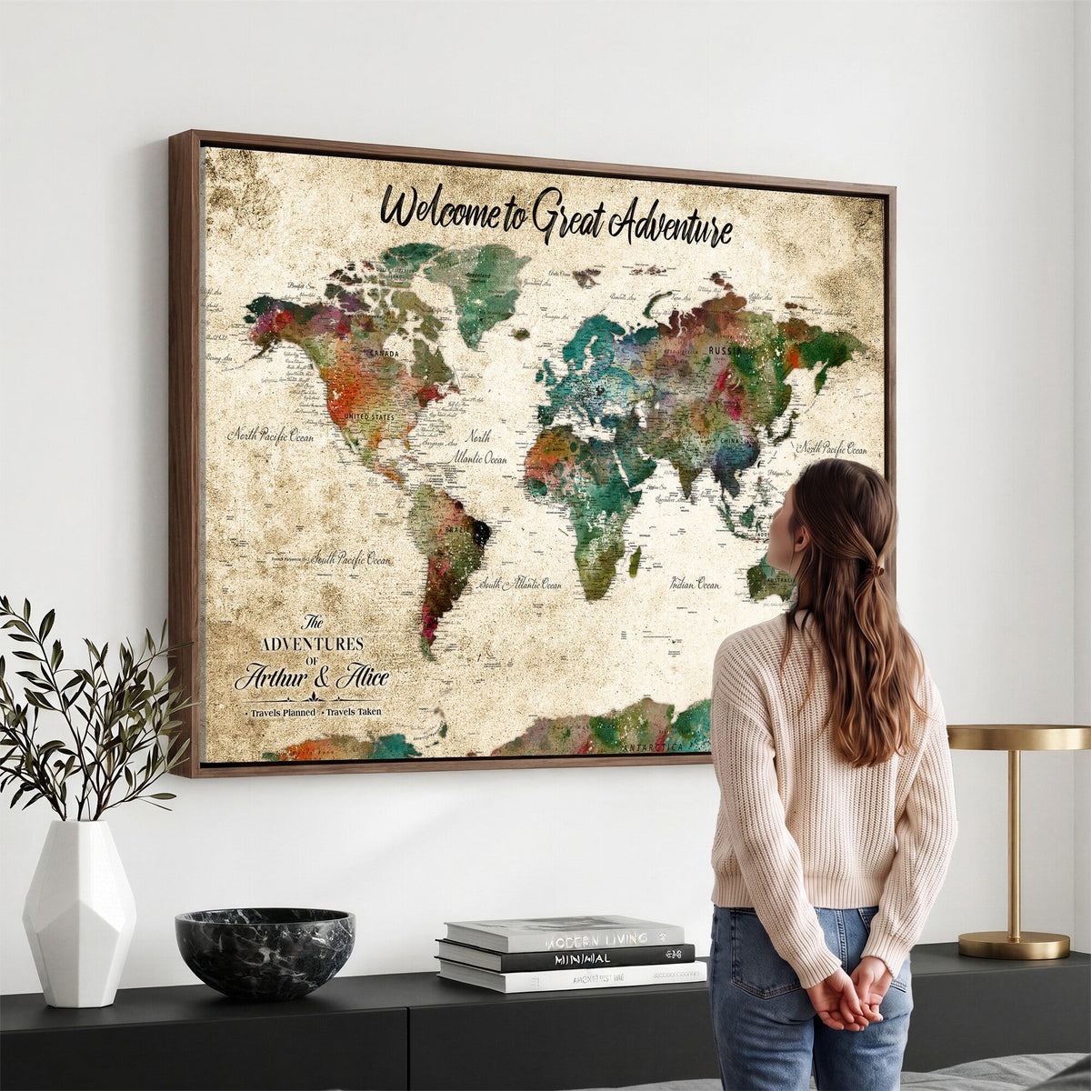 Personalized Beige Grunge World Map Canvas with Push Pins, Next Trip Planner Map, Family Room and Home Office Decor