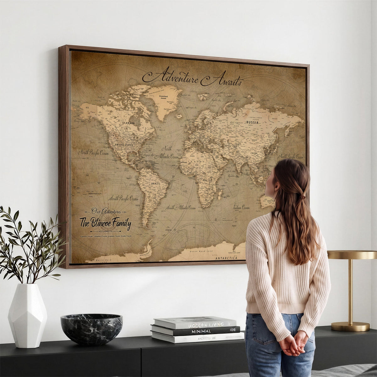 Personalized Framed Beige World Travel Map Wall Art with Pins, Family Travel Tracker, Family Room and Entryway Decor