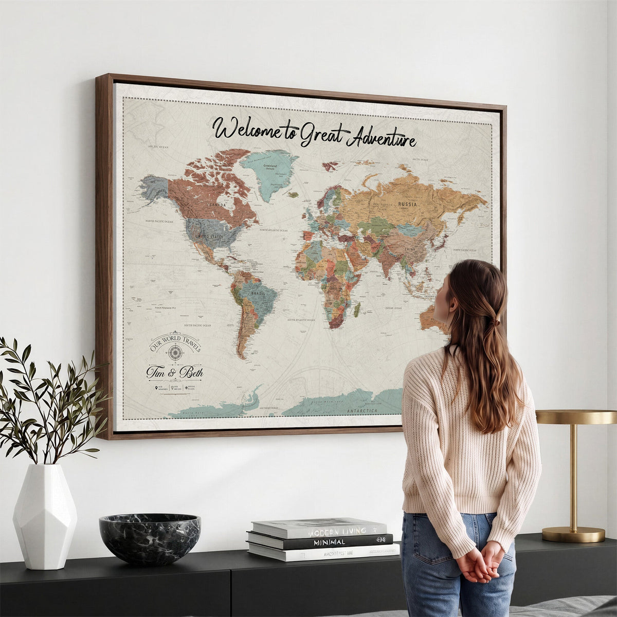 Custom Beige Push Pin World Map Canvas Print, Bucket List Map, Dining Room and Home Office Decor