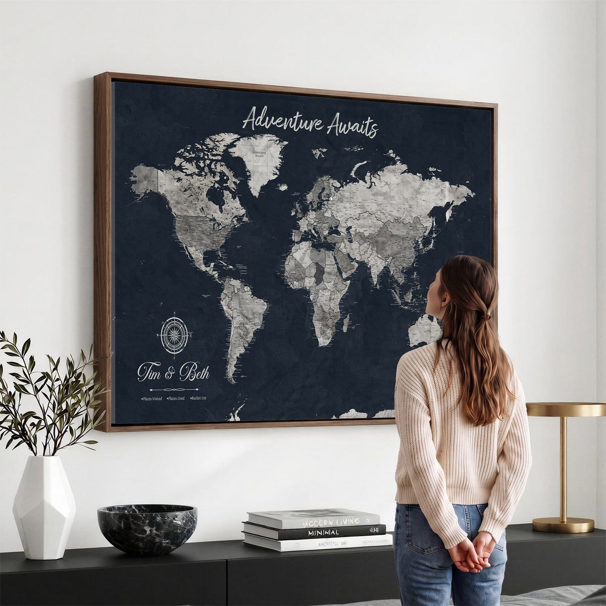 Personalized Framed Beige Vintage Push Pin World Map Wall Art, Bucket List Map, Study and Hallway Decor