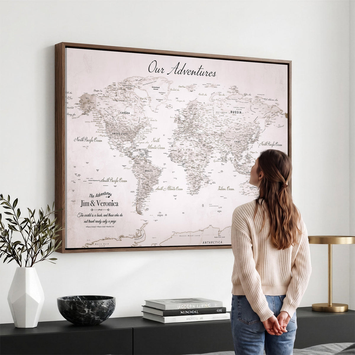 Personalized Beige Vintage World Travel Map Wall Art with Pins, Honeymoon and Anniversary Gift, Entryway and Hallway Decor