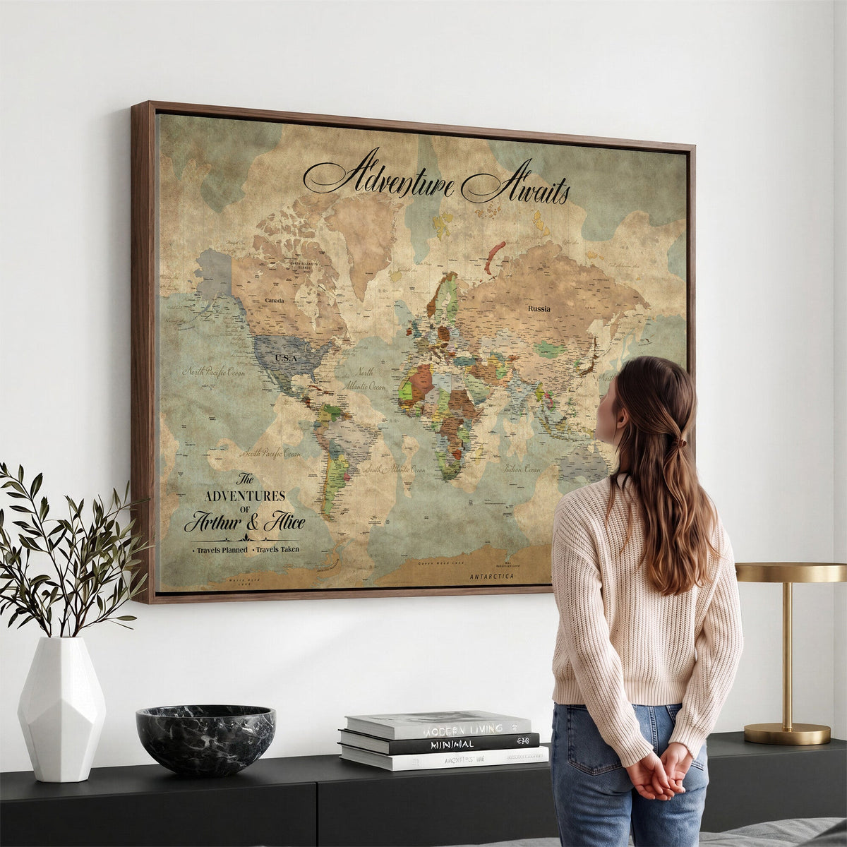 Custom Beige World Travel Map Wall Art with Pins, Bucket List Map, Dining Room and Study Decor