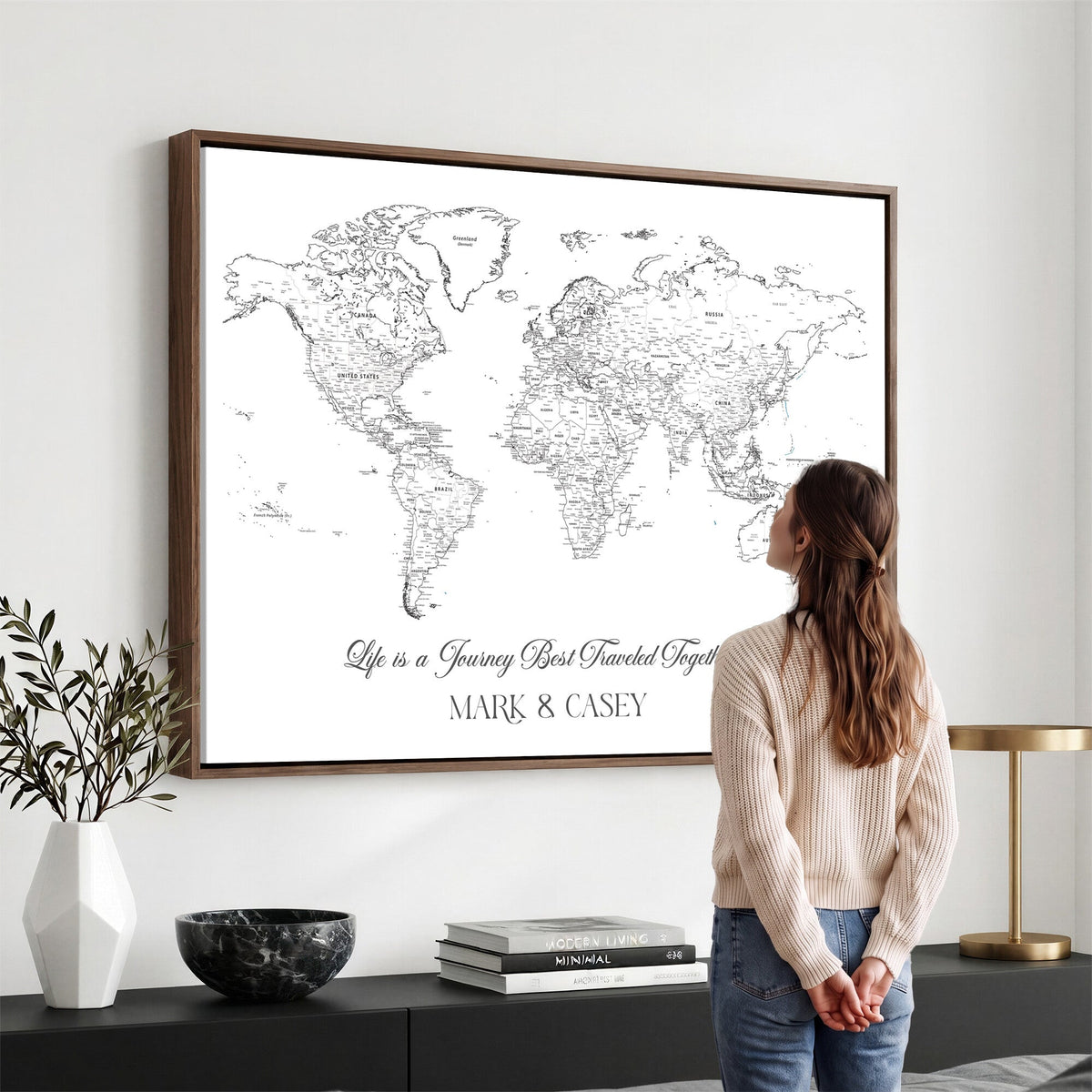Personalized Framed Beige Modern Push Pin Travel Map Canvas Print, Couples Countries Visited Map, Living Room and Family Room Decor