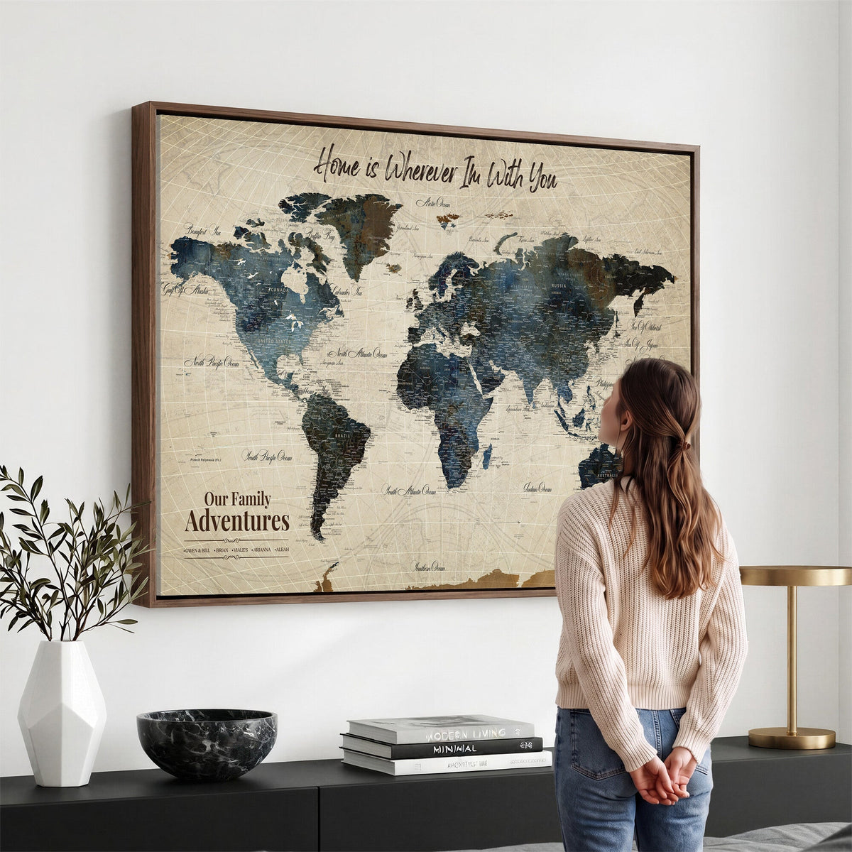 Personalized Framed Black Modern Push Pin Travel Map Canvas Print, Family Travel Tracker, Home Office and Entryway Decor