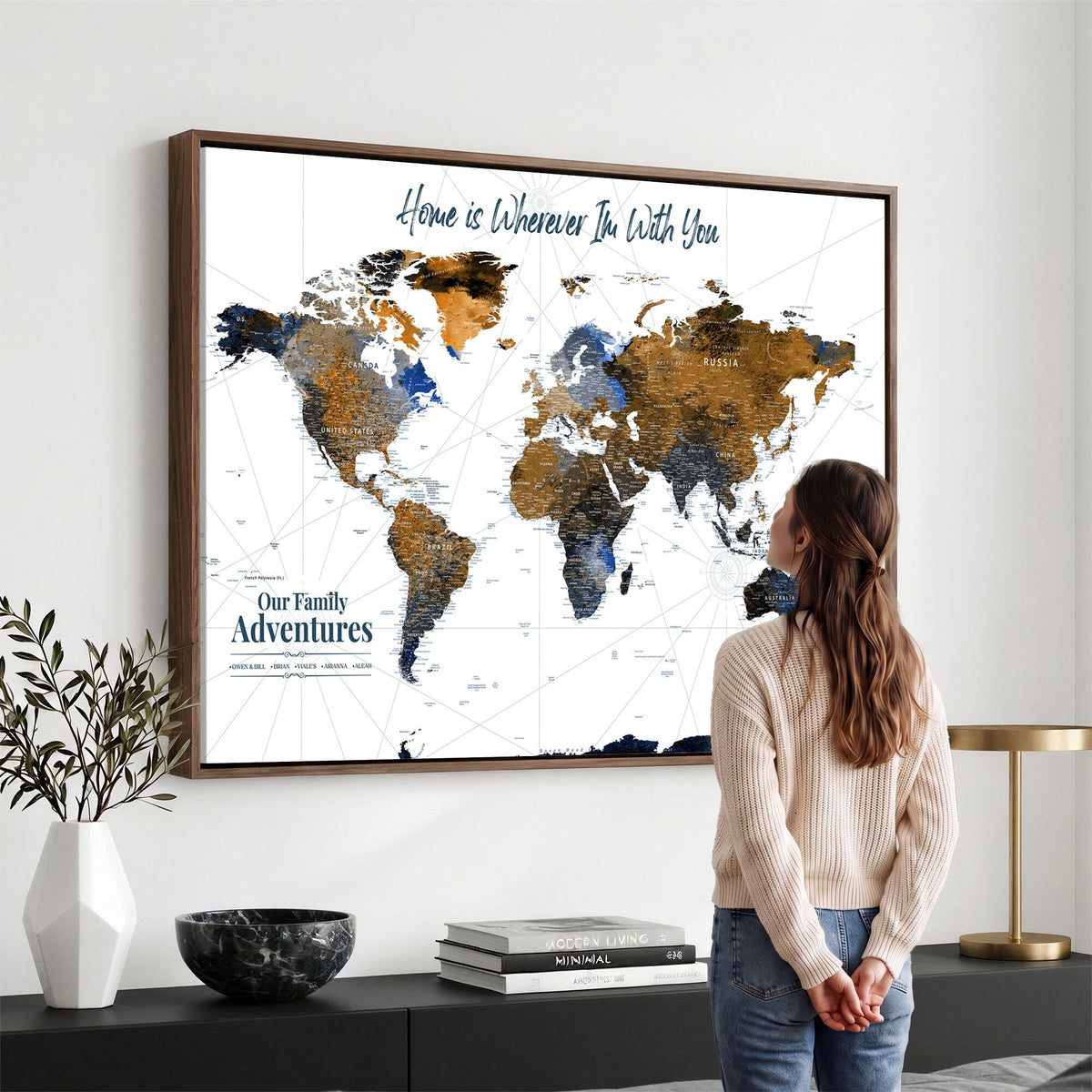 Personalized Framed Beige Modern Push Pin World Map Wall Art, Next Trip Planner Map, Family Room and Home Office Decor