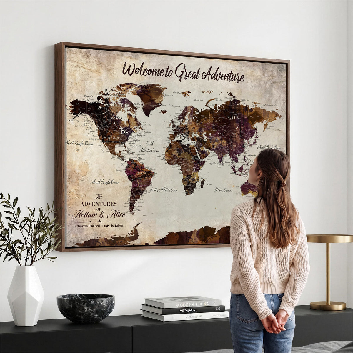 64110391126-MGV-CV-36X24 - Custom Beige World Travel Map Wall Art with Pins, Places Visited Tracker, Family Room and Entryway Decor