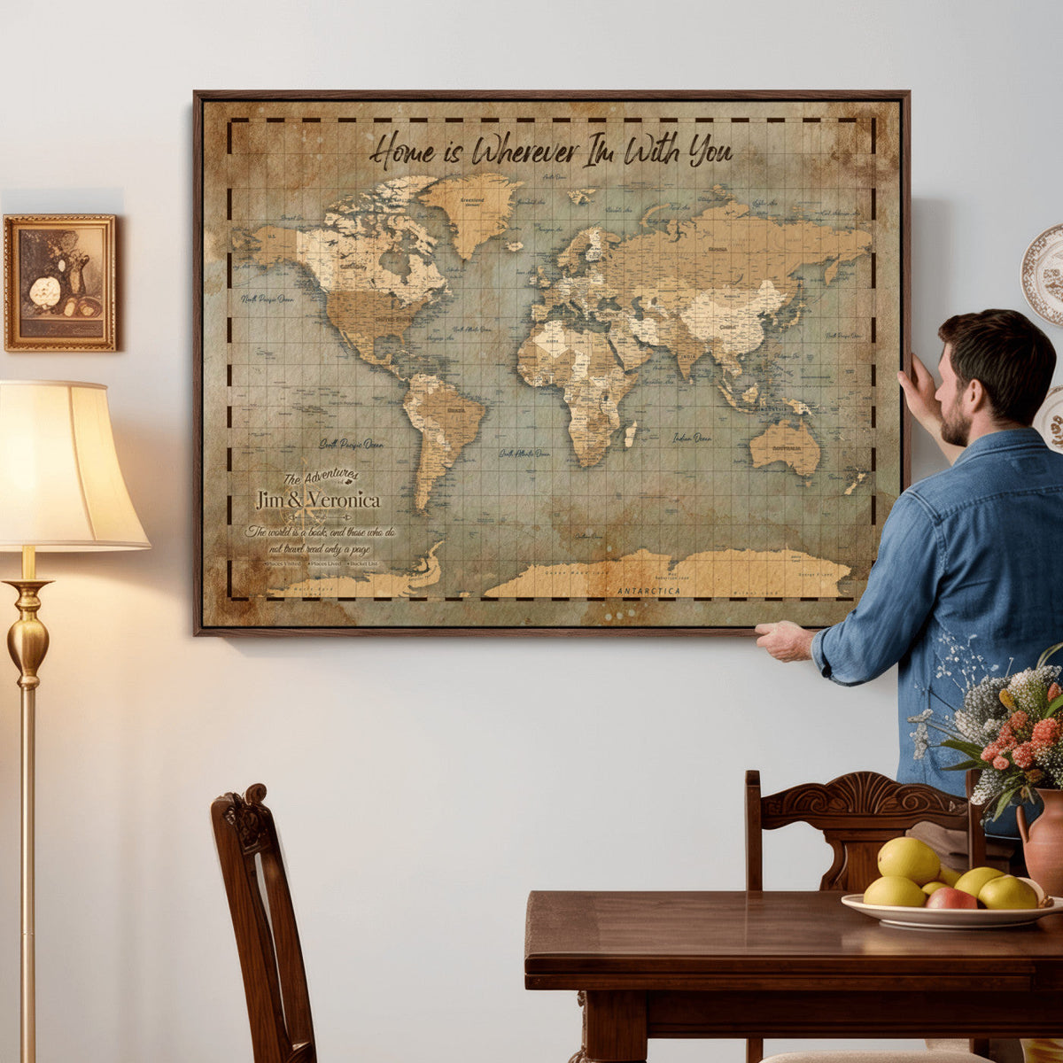 97123877-MGV-CV-36X24 - Vintage Custom Push Pin World Map Print | Vintage Travel Map Canvas, Personalized Names Anniversary Gift, Places Visited Pin Board