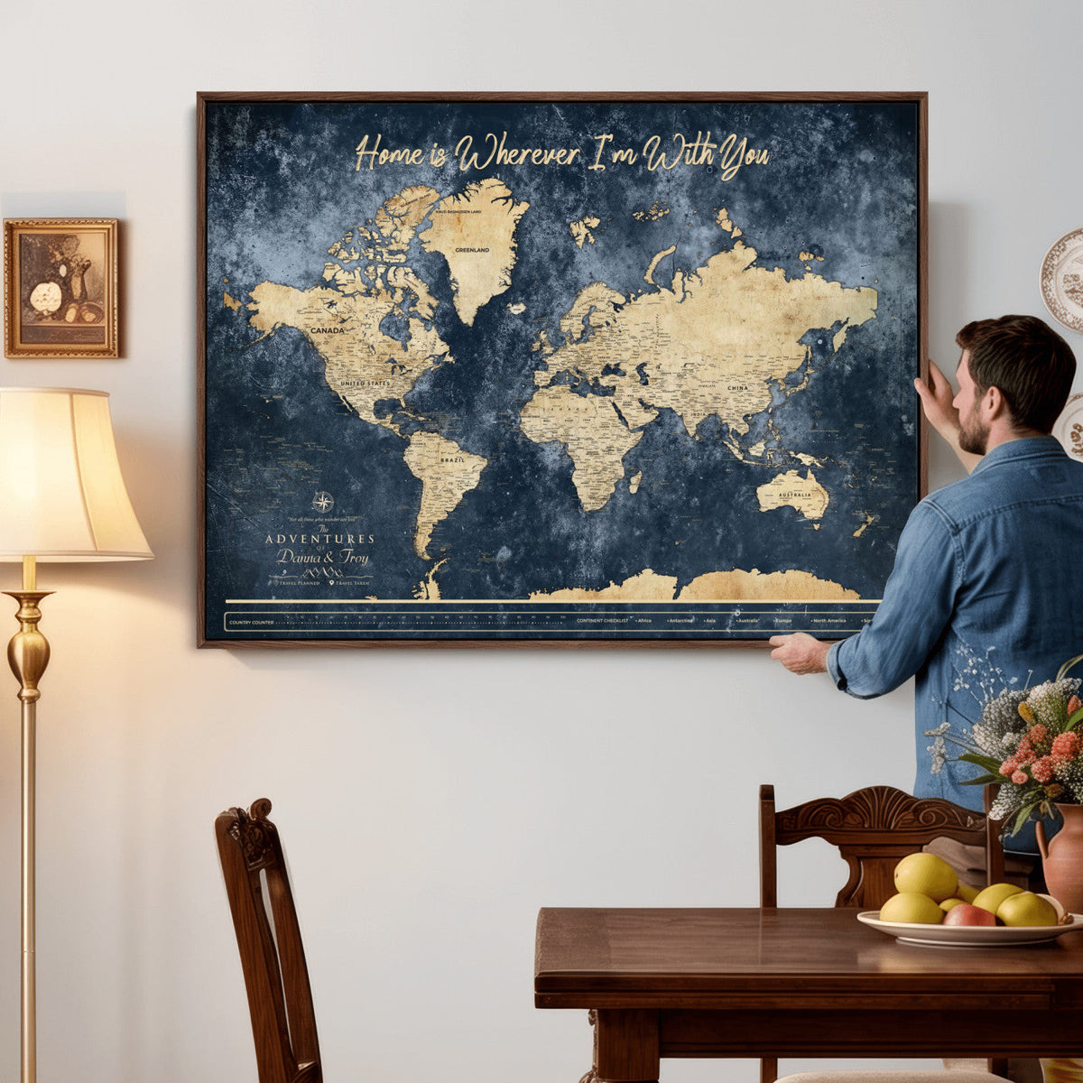 400867BL-MGV-CV-36X24 - Framed Blue Custom Push Pin World Map Canvas Print | Personalized Travel Map Wall Art
