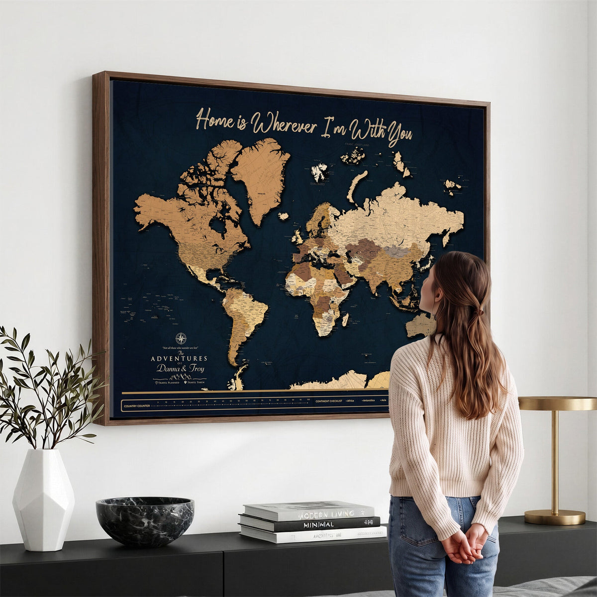 13903533-MGV-CV-36X24 - Extra Large Framed Personalize Push Pin World Map Wall Art Canvas Print for Travel Tracking - NEWMAP-152