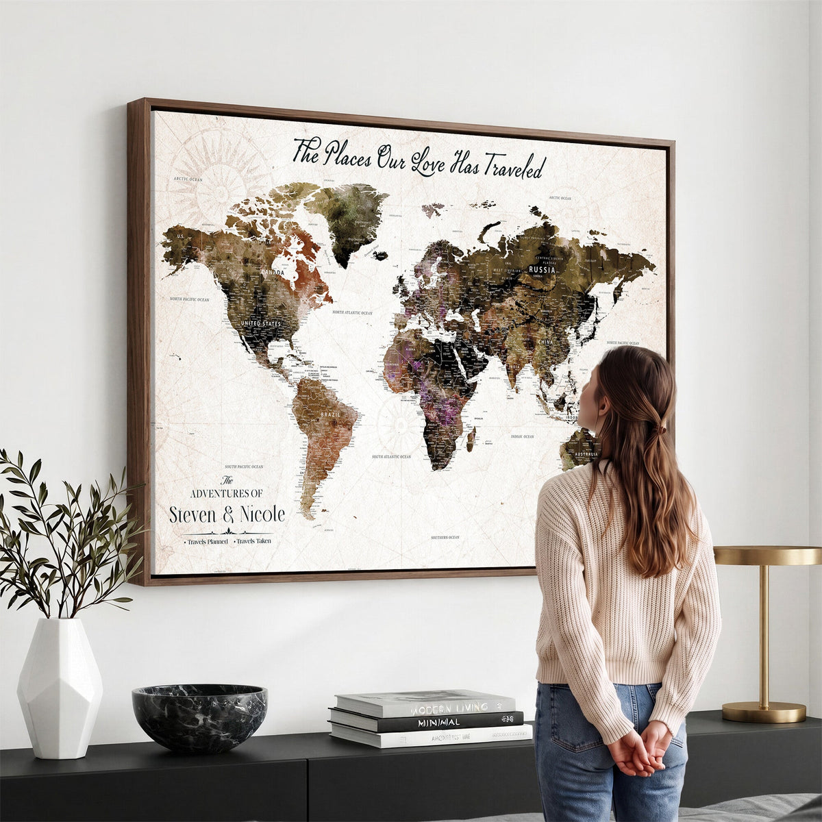 18074626D3D-MGV-CV-36X24 - Extra Large Framed Personalized Push Pin World Map Wall Art Canvas Print for Travel Tracking