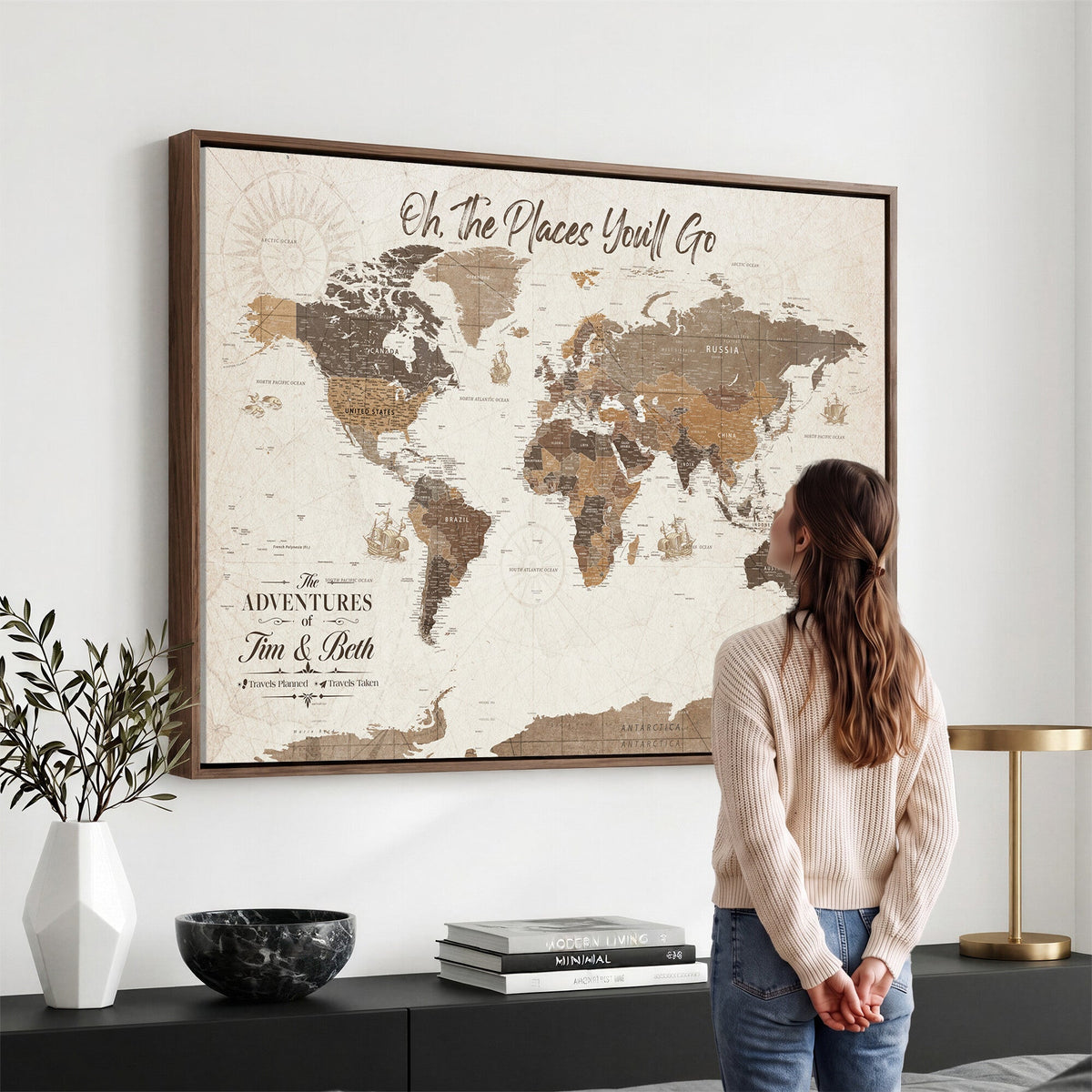 Personalized Beige Geometric Family Push Pin World Map Canvas Print, Honeymoon and Anniversary Gift, Living Room and Study Decor