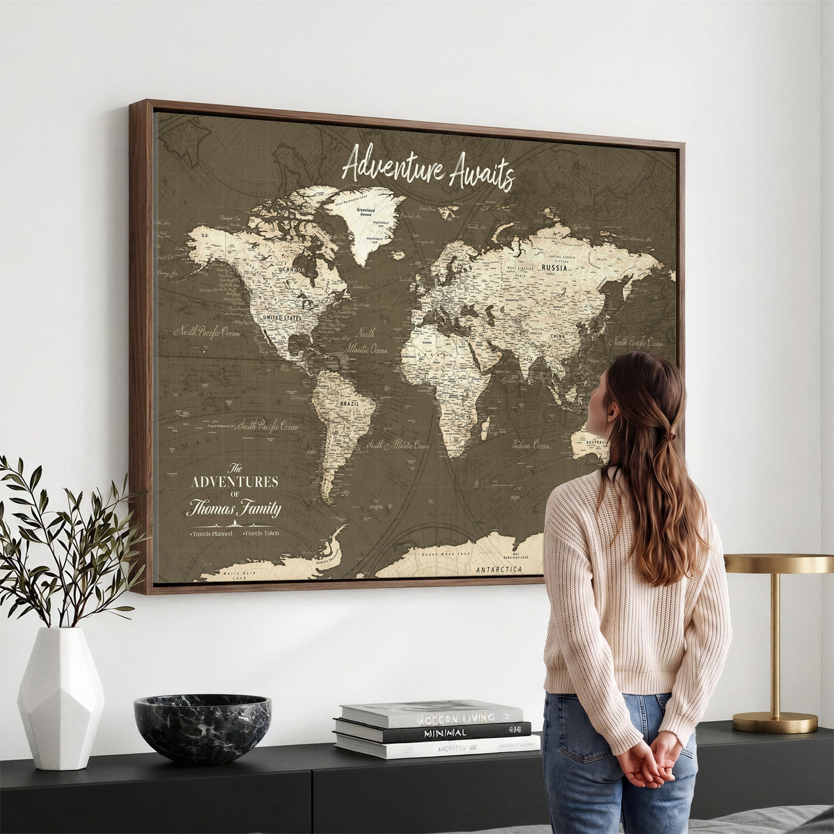Personalized White Modern World Travel Map Wall Art with Pins, Honeymoon and Anniversary Gift, Living Room and Dining Room Decor