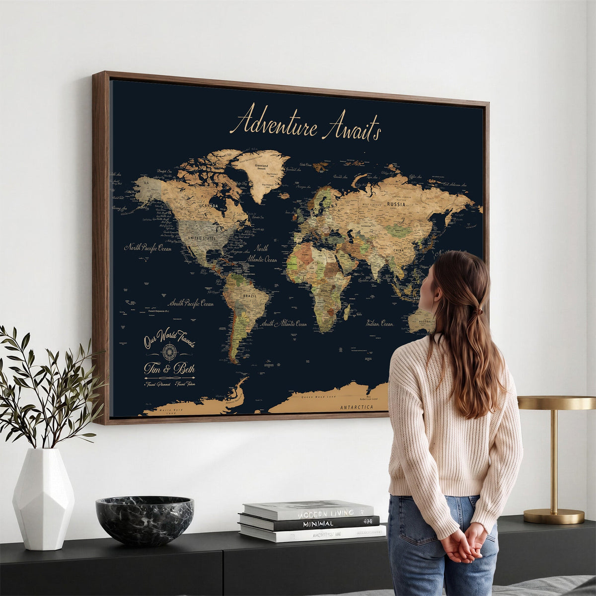 Custom Beige Push Pin World Map Wall Art, Family Travel Tracker, Home Office and Study Decor