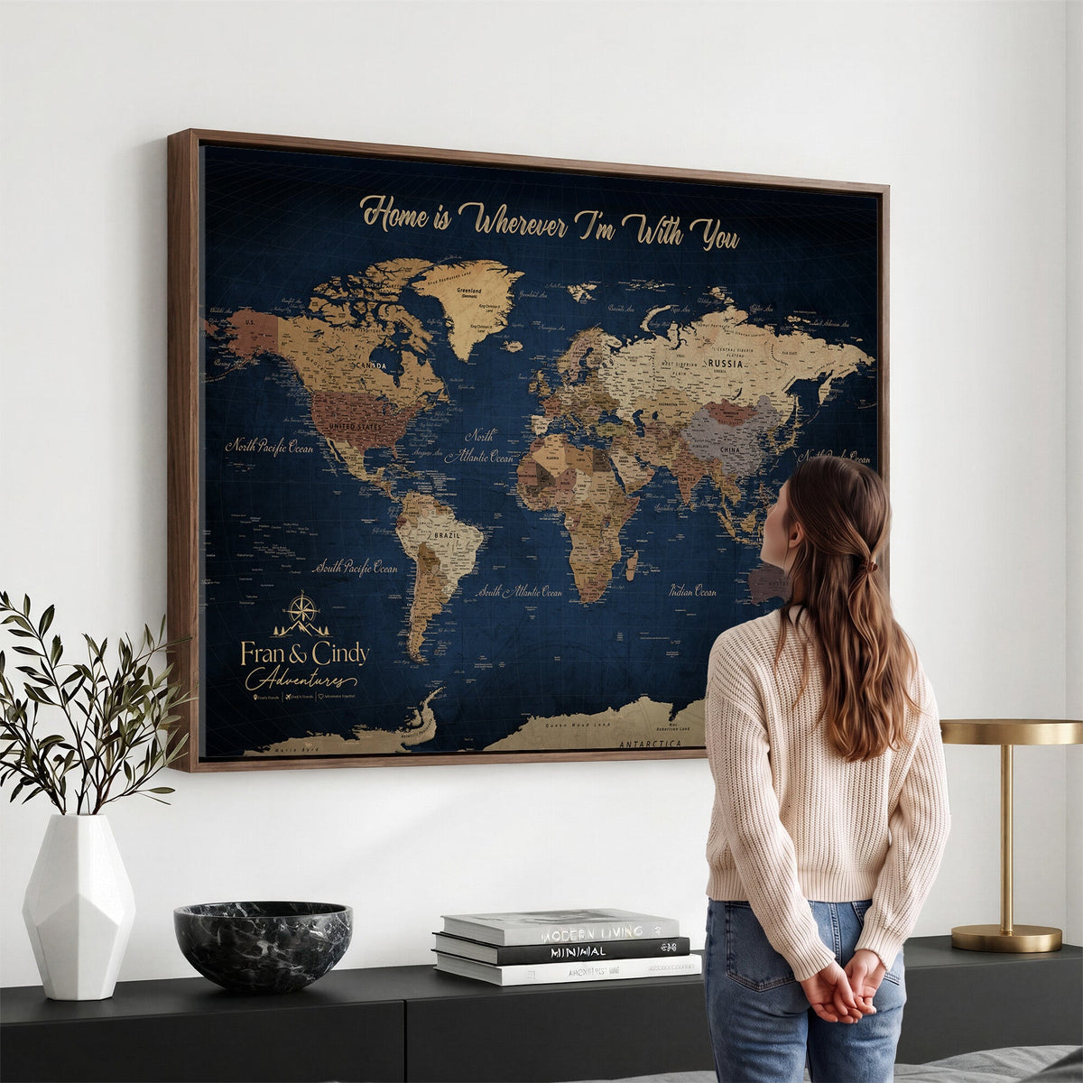 57774467-MGV-CV-36X24 - Custom Push Pin World Map Wall Art Canvas Print – Personalized Travel Tracker with Pins Framed Large for Home and Office Decor
