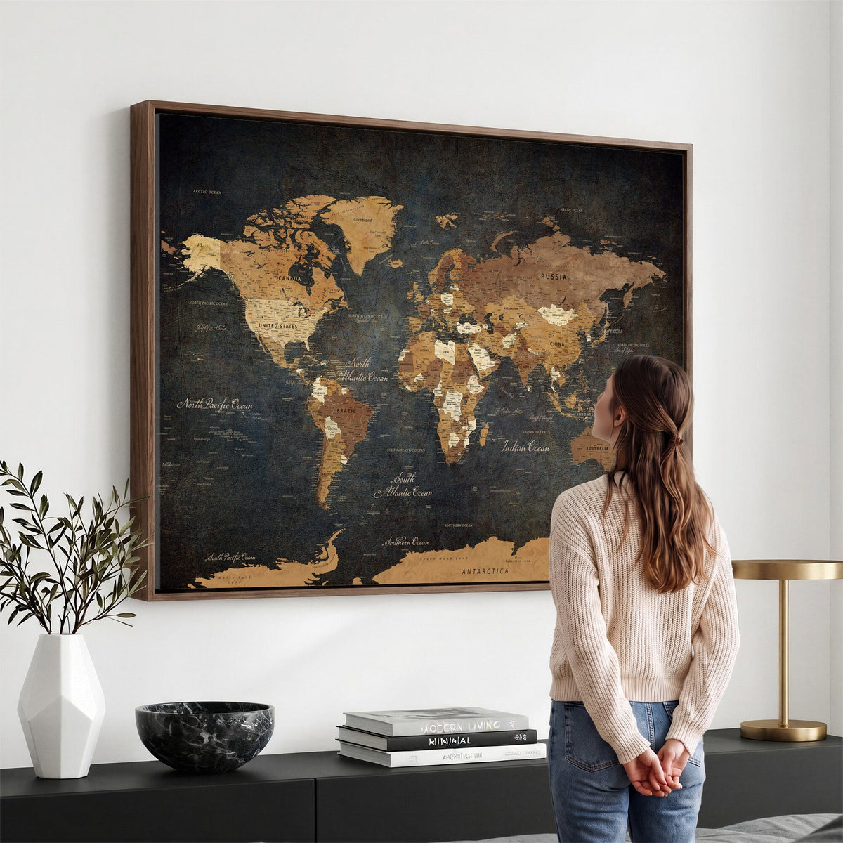 40660012D-MGV-CV-36X24 - Custom Push Pin World Map Wall Art Canvas Print – Personalized Travel Tracker with Pins Framed Large for Home and Office Decor