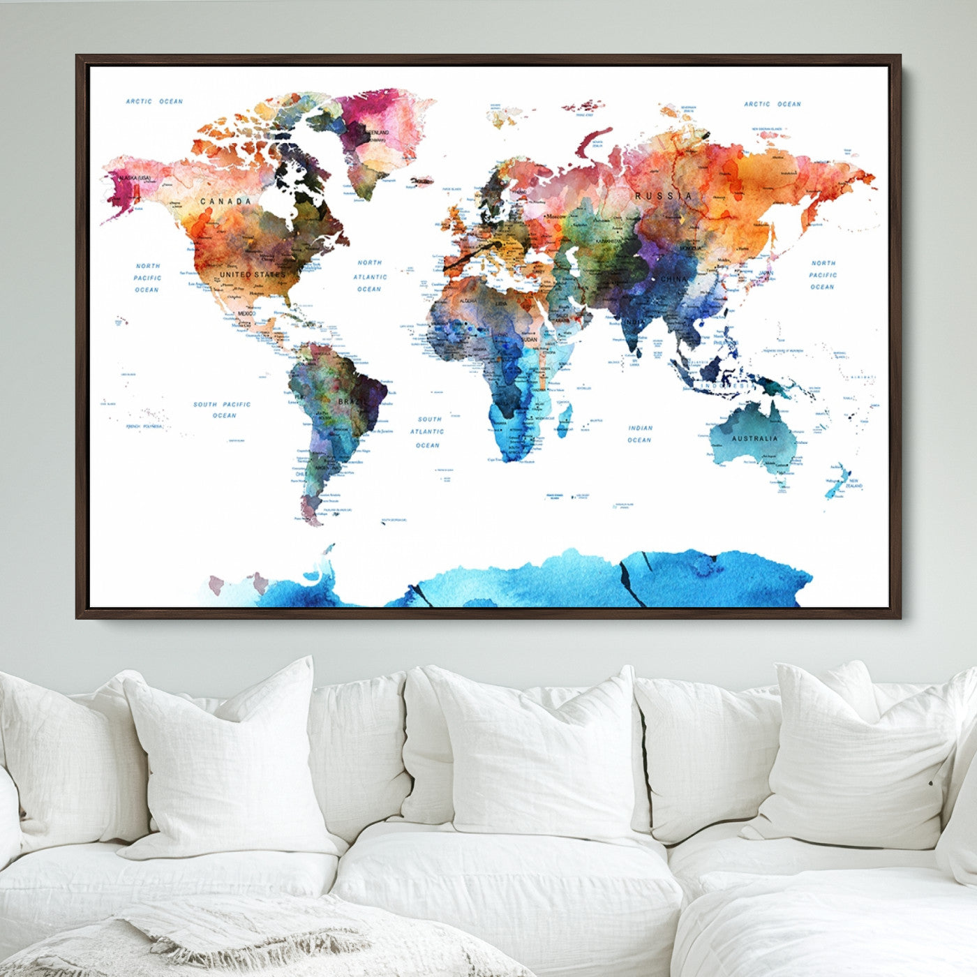 Push Pin World Map Canvas Print – Framed Wall Art for Couples to Track Their Travels – Anniversary Gift or Home Adventure Decor