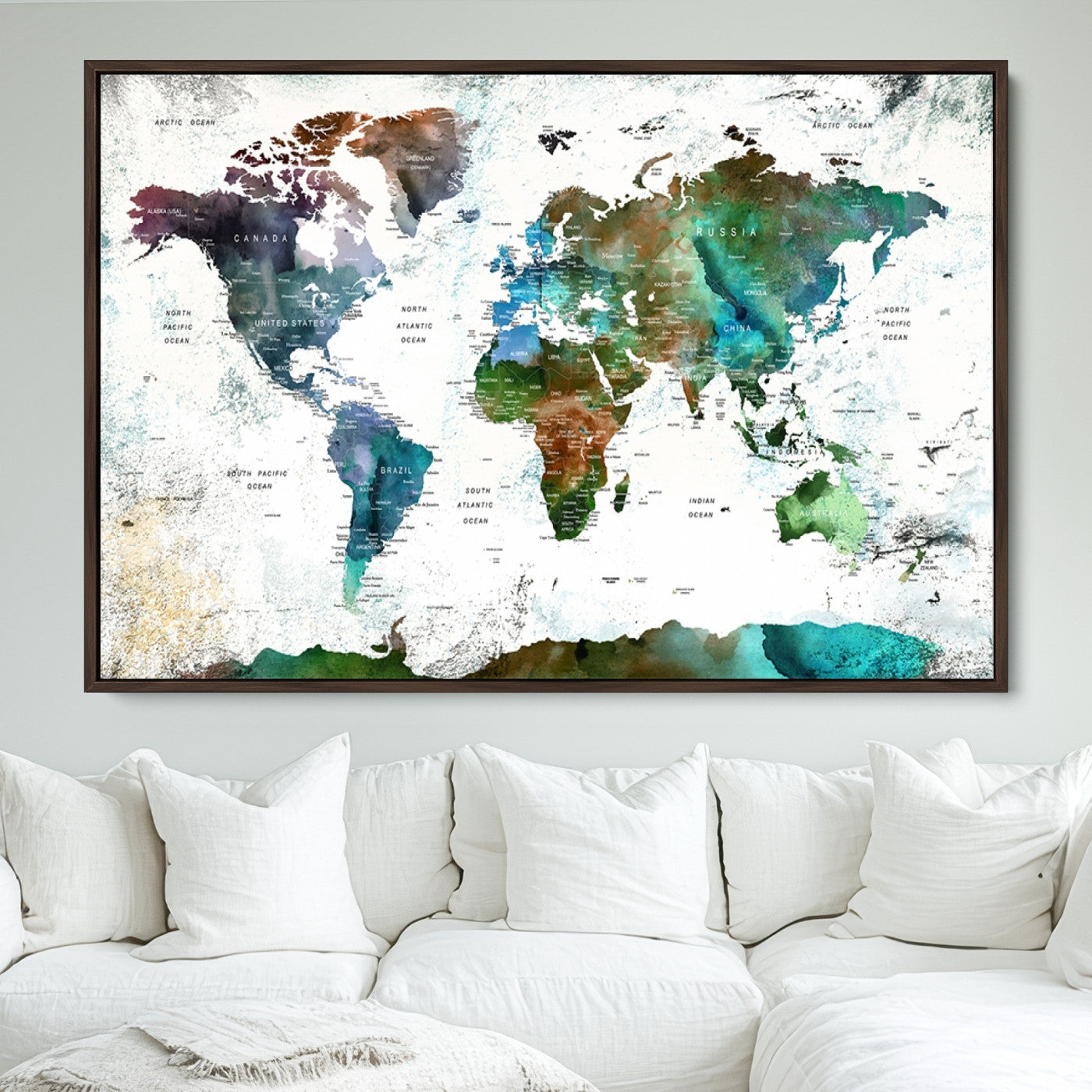 Push Pin World Map Canvas Print – Framed Wall Art for Couples to Track Their Travels – Anniversary Gift or Home Adventure Decor