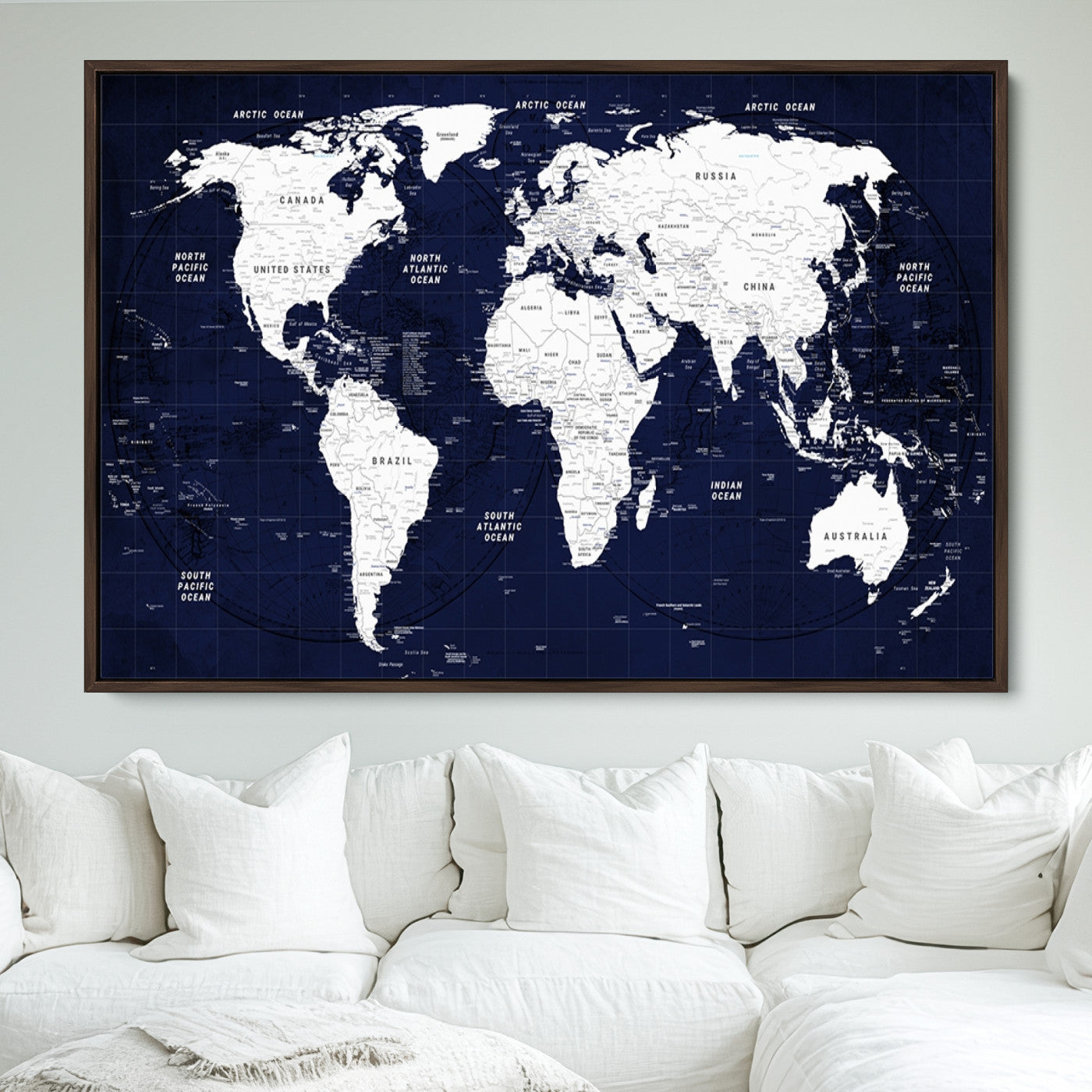Push Pin World Map Canvas Print – Framed Wall Art for Couples to Track Their Travels – Anniversary Gift or Home Adventure Decor