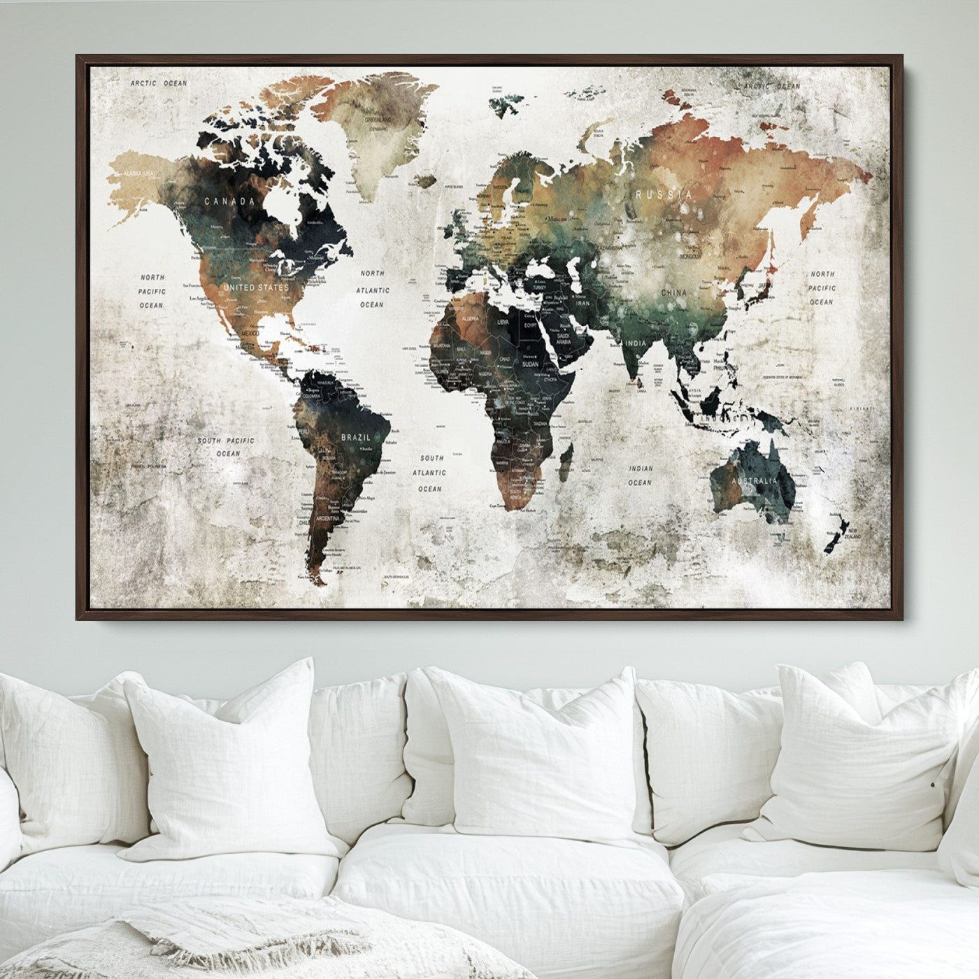 Push Pin World Map Canvas Print – Framed Wall Art for Couples to Track Their Travels – Anniversary Gift or Home Adventure Decor