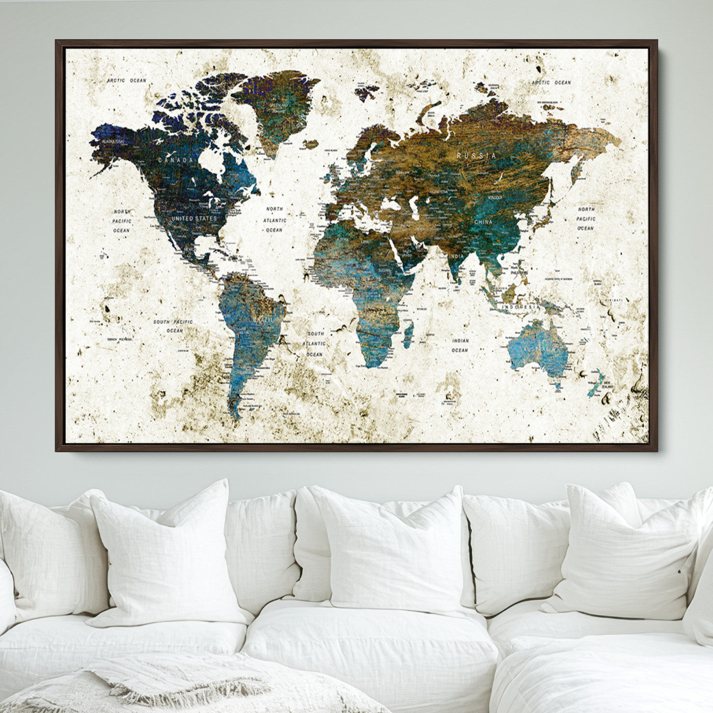Push Pin World Map Canvas Print – Framed Wall Art for Couples to Track Their Travels – Anniversary Gift or Home Adventure Decor