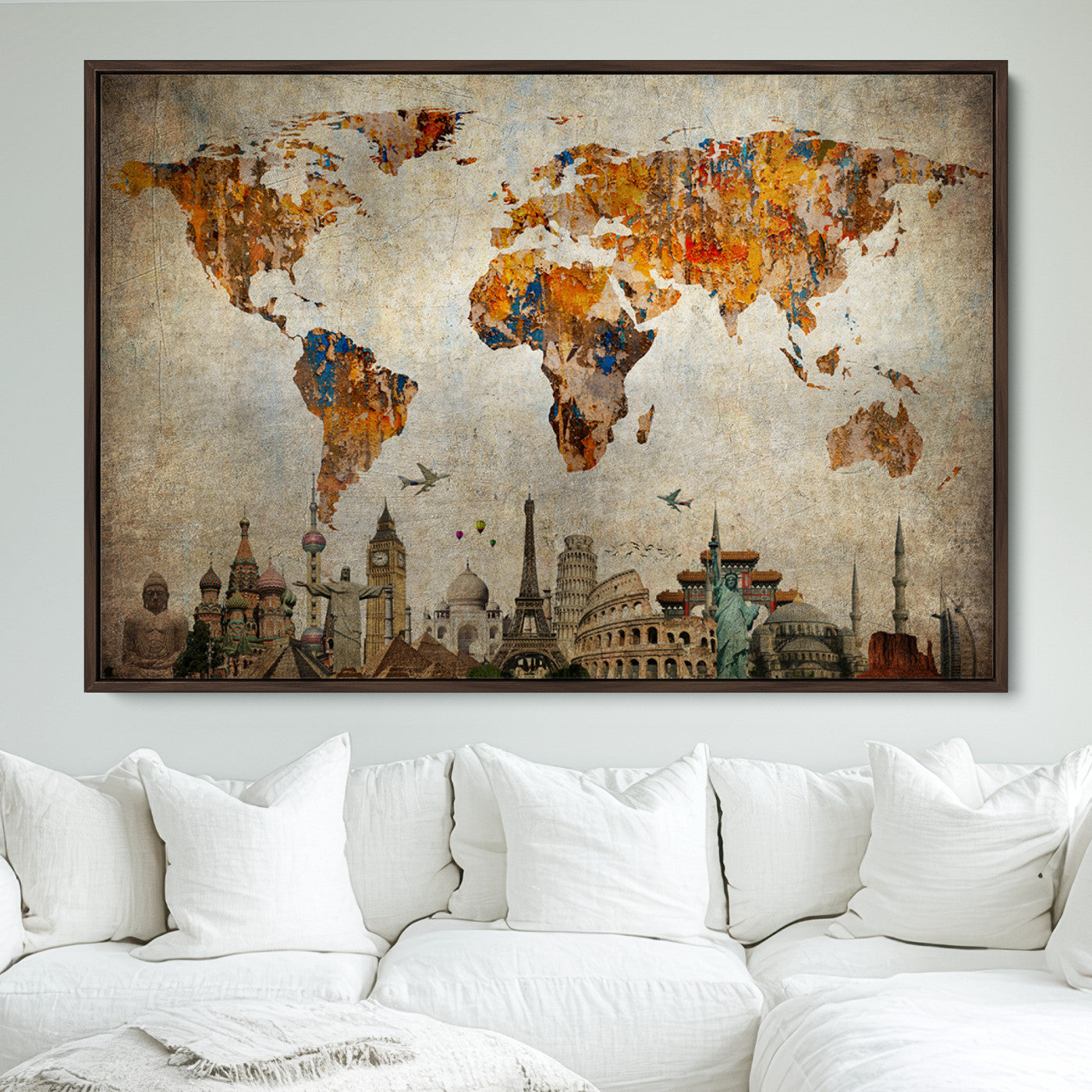 Push Pin World Map Canvas Print – Framed Wall Art for Couples to Track Their Travels – Anniversary Gift or Home Adventure Decor