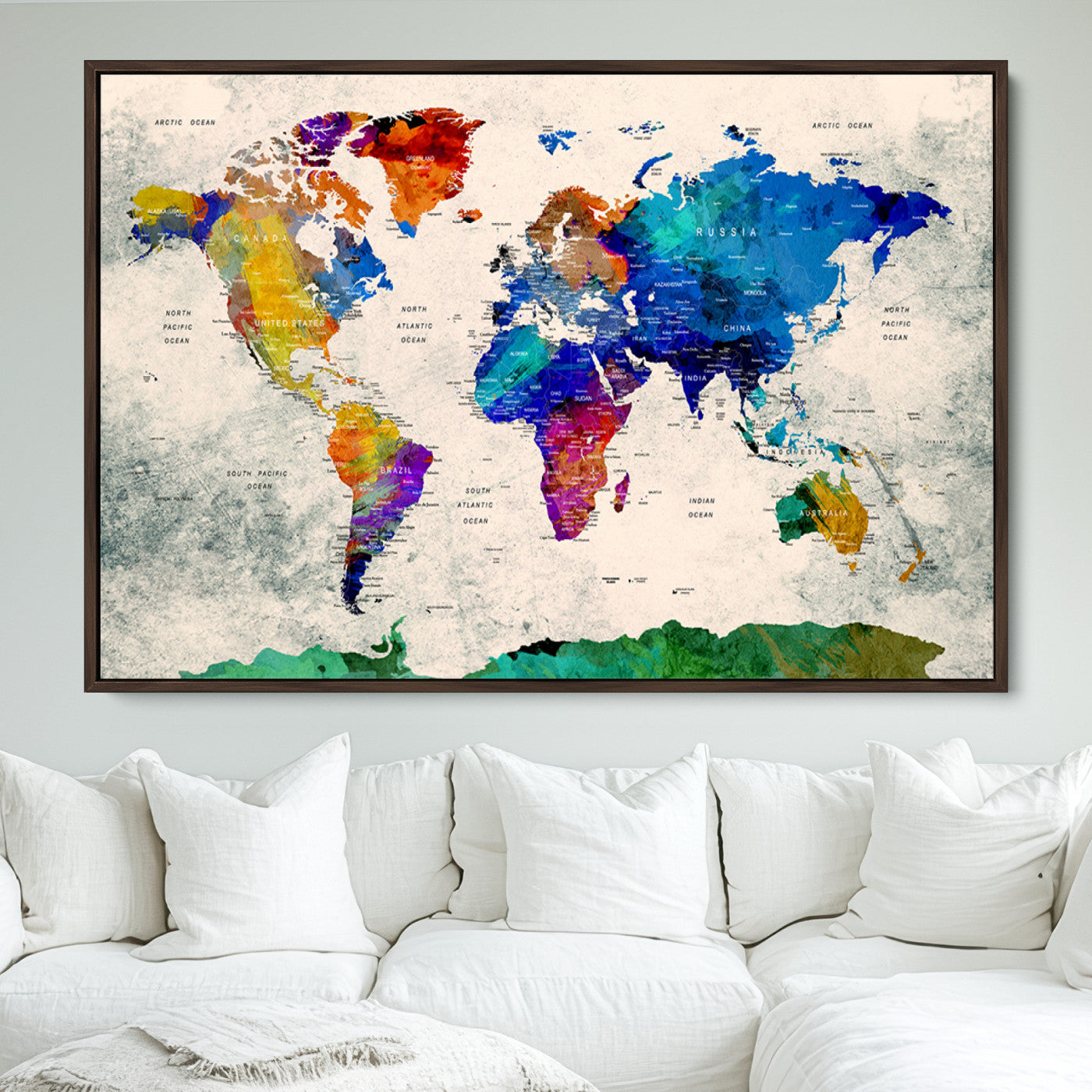 Push Pin World Map Canvas Print – Framed Wall Art for Couples to Track Their Travels – Anniversary Gift or Home Adventure Decor