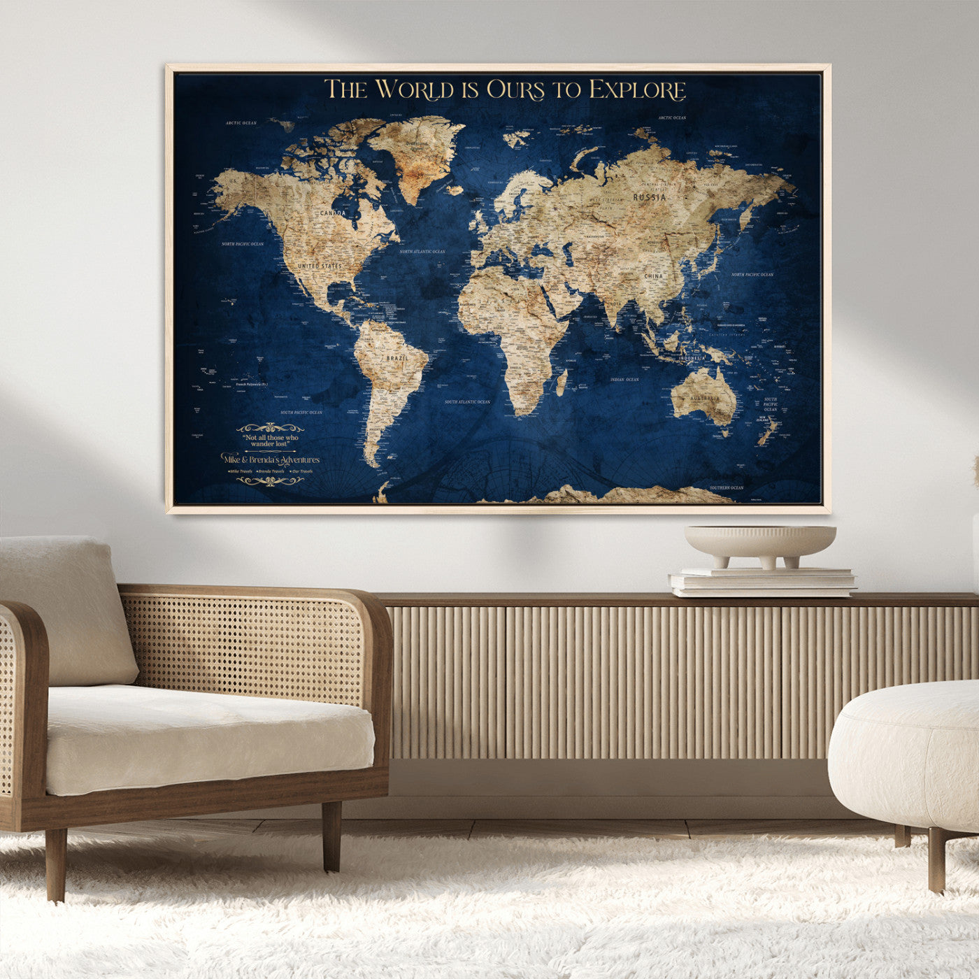 Custom World Map Wall Art – Personalized Framed Canvas Print with Push Pins for Travel Tracking, Anniversary or Couple Gift Ideas - H2-2