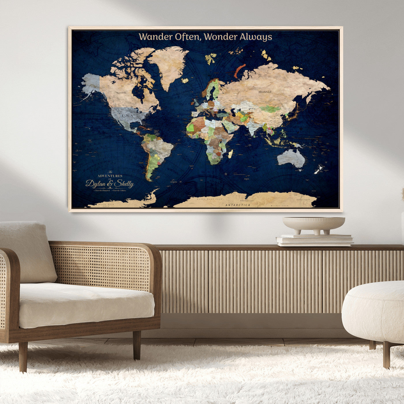 12399561-MGV-CV-30X20-Personalized World Map Print, Customizable Push Pin Framed World Map Print on Canvas - Custom Quote on Map Print