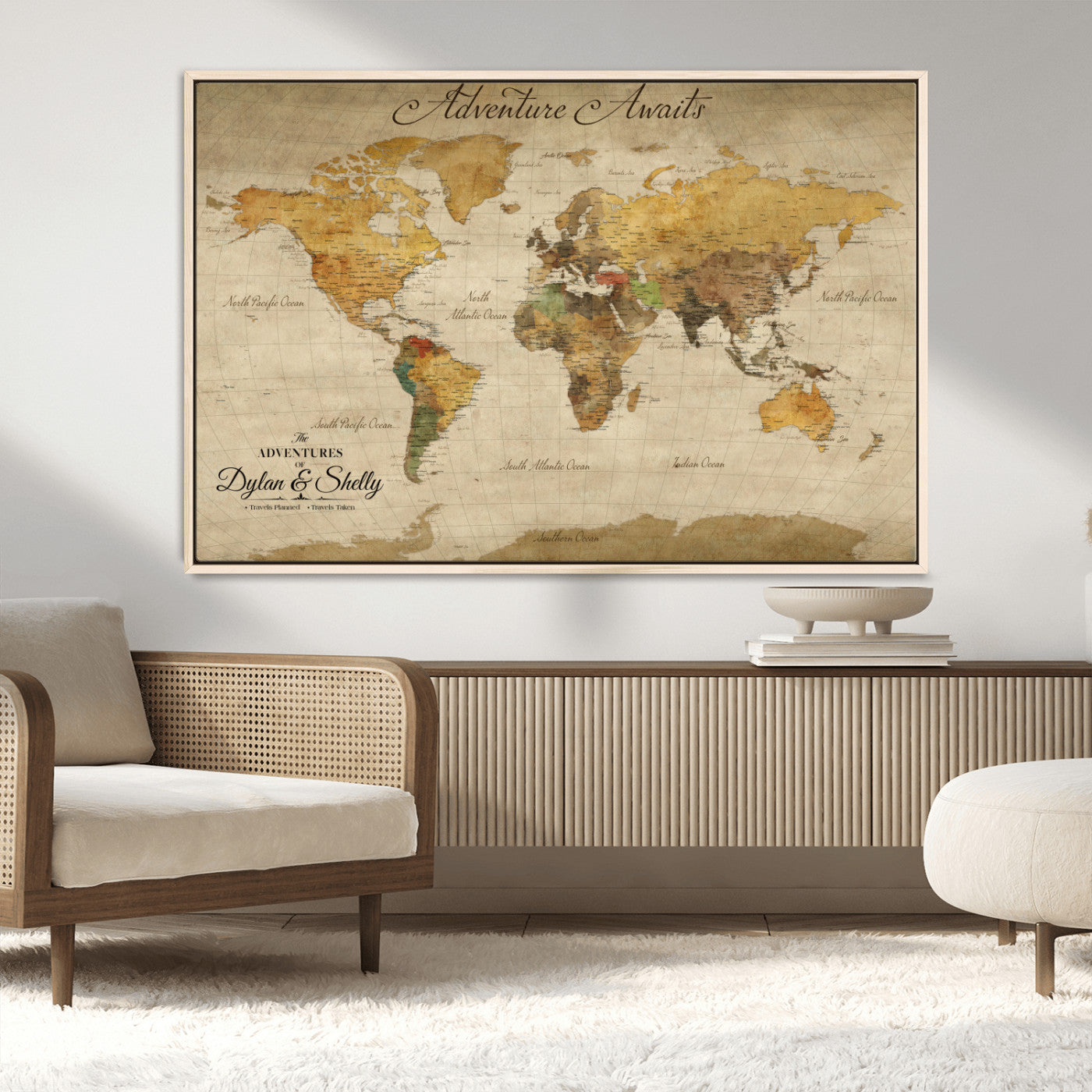 50298017-MGV-CV-36X24-Personalized World Map Print, Customizable Push Pin Framed World Map Print on Canvas - Custom Quote on Map Print