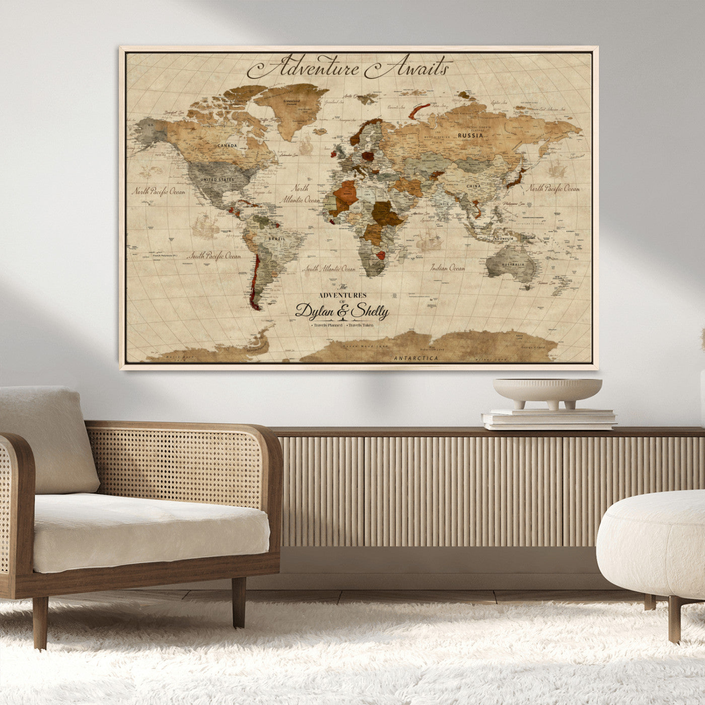 29054239-MGV-CV-36X24-Personalized World Map Print - Customizable Push Pin Framed World Map Print on Canvas - Custom Quote on Map Print