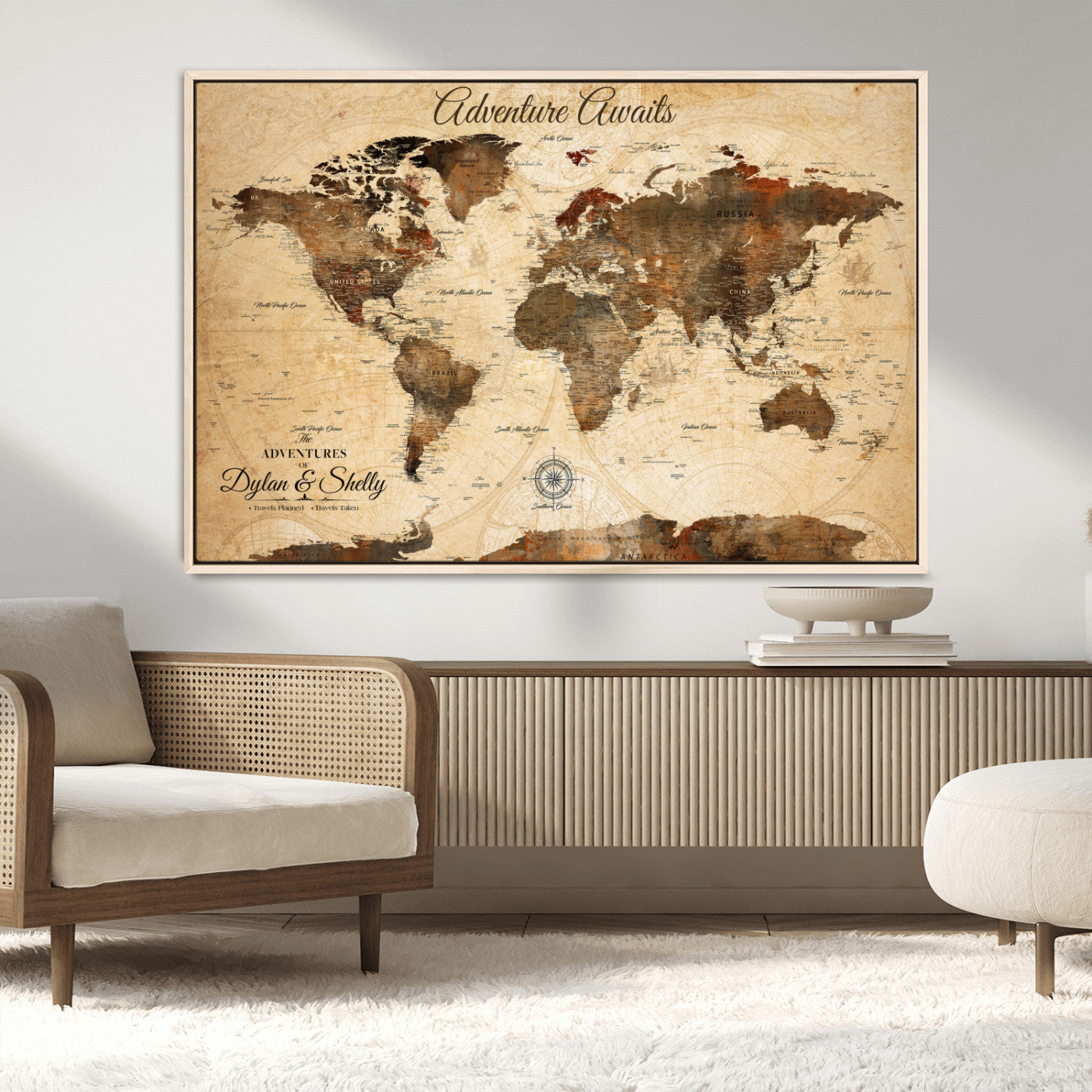 66357947-MGV-CV-36X24-Personalized World Map Print, Customizable Push Pin Framed World Map Print on Canvas - Custom Quote on Map Print