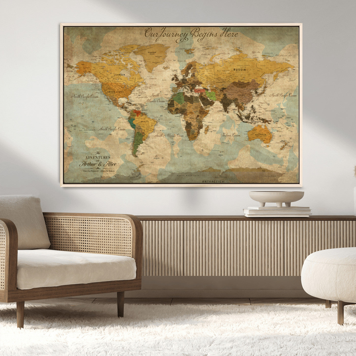 75523223-MGV-CV-36X24-Custom Push Pin World Map Wall Canvas Print – Personalized Travel Tracker with Pins – Framed Custom Quotie Canvas for Home Office